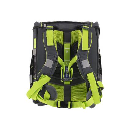 Ein grauer und neongrüner Rucksack mit verstellbaren Riemen und Polsterung, entworfen für Komfort und Unterstützung.