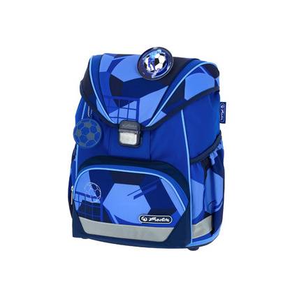 Ein blauer Rucksack mit Fußballdesigns, einschließlich einer vorderen Tasche, zwei Seitentaschen und einem runden Licht oben.
