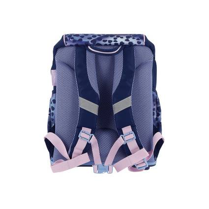 Ein violetter und rosa Rucksack von hinten gesehen, mit gepolsterten Trägern und verstellbaren Schnallen.