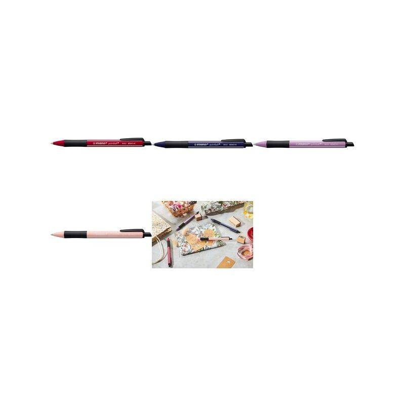 Vier Stifte in verschiedenen Farben werden über einem Lifestyle-Bild angezeigt, das Schreibwaren auf einem dekorierten Tisch zeigt.