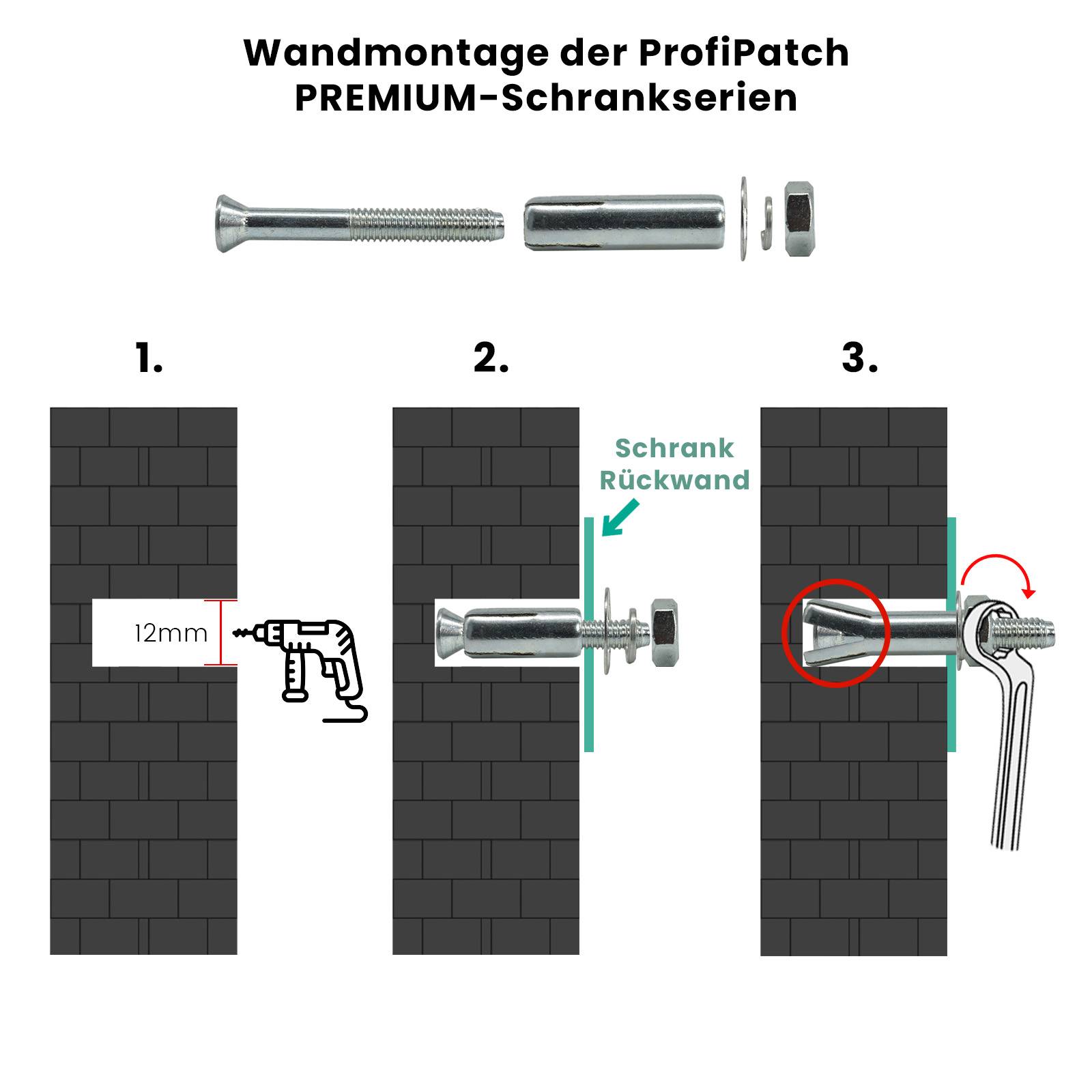 ProfiPatch Netzwerkschrank Wandgehäuse 19 Zoll 9HE PREMIUM montiert Tiefe 600mm schwarz