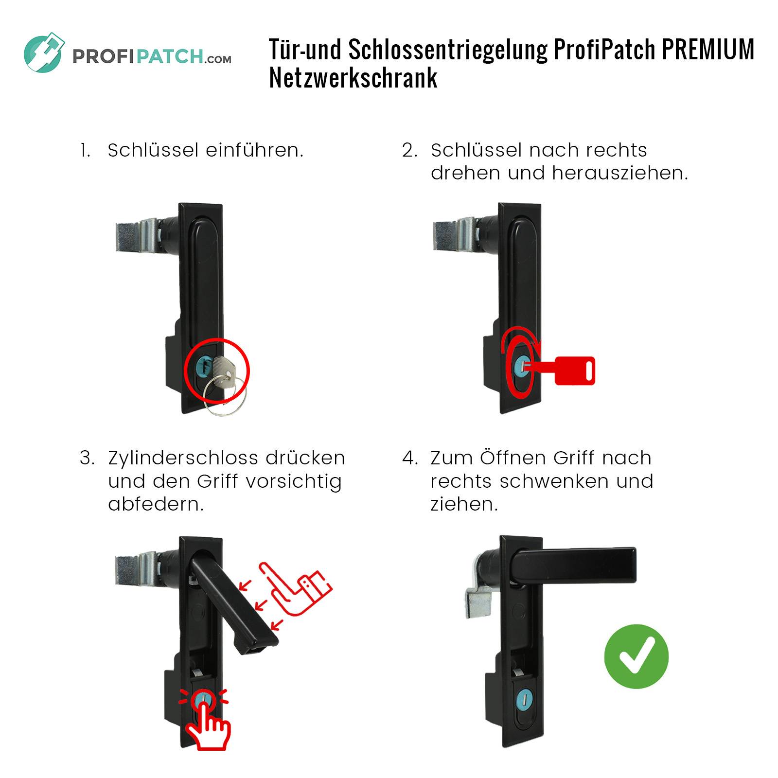 Tür- und Schlossentriegelung ProfiPatch PREMIUM Netzwerkschrank' Anleitung: 1. Schlüssel einführen. 2. Schlüssel drehen und ziehen. 3. Schloss drücken, Griff bewegen. 4. Griff drehen zum Öffnen.
