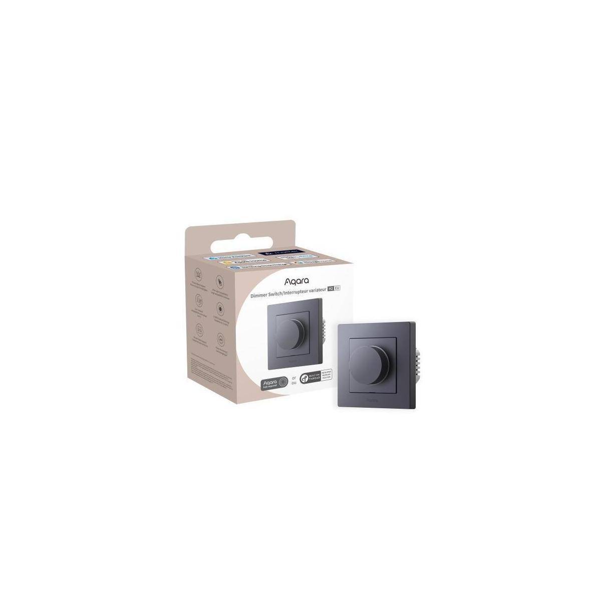 Ein schwarzer Aqara Smart-Drehhelligkeitsschalter, gezeigt zusammen mit seiner Verpackung, hervorhebend sein modernes Design und seine Kompatibilitätsfunktionen.