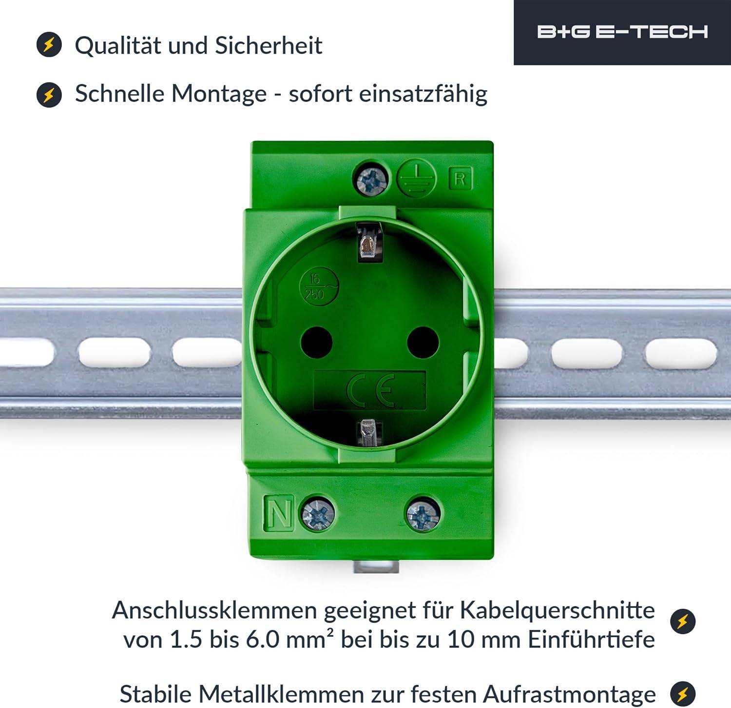 Ein Elektrostecker mit gekennzeichneten Anschlusskomponenten für Kabel, mit Betonung auf schnelle Installation. Der Text oben erwähnt 
