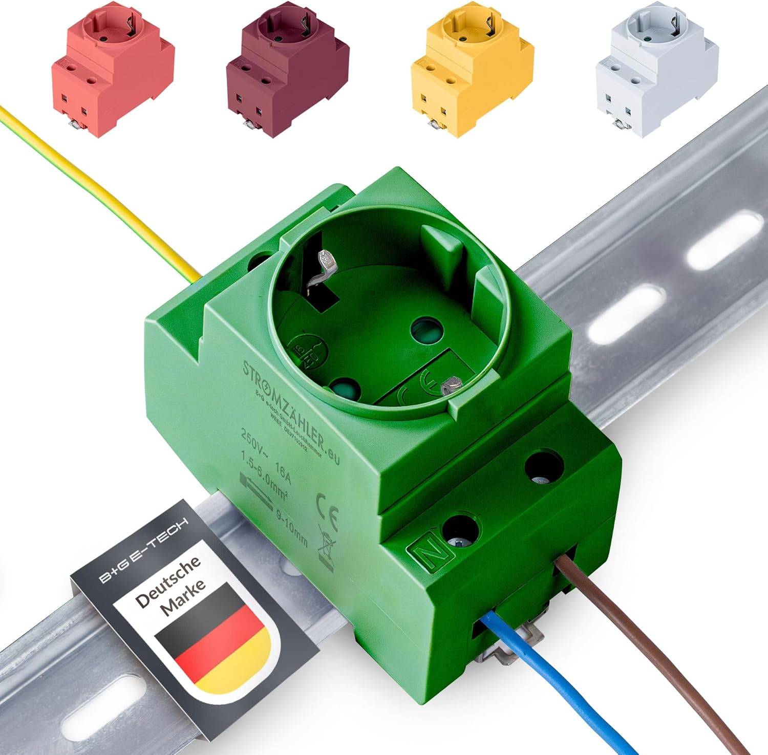 Grüne Steckdose, die auf einer Metallschiene montiert ist, mit gelben und braunen Kabeln verbunden. Zusätzliche farbige Steckdosen werden oben angezeigt.