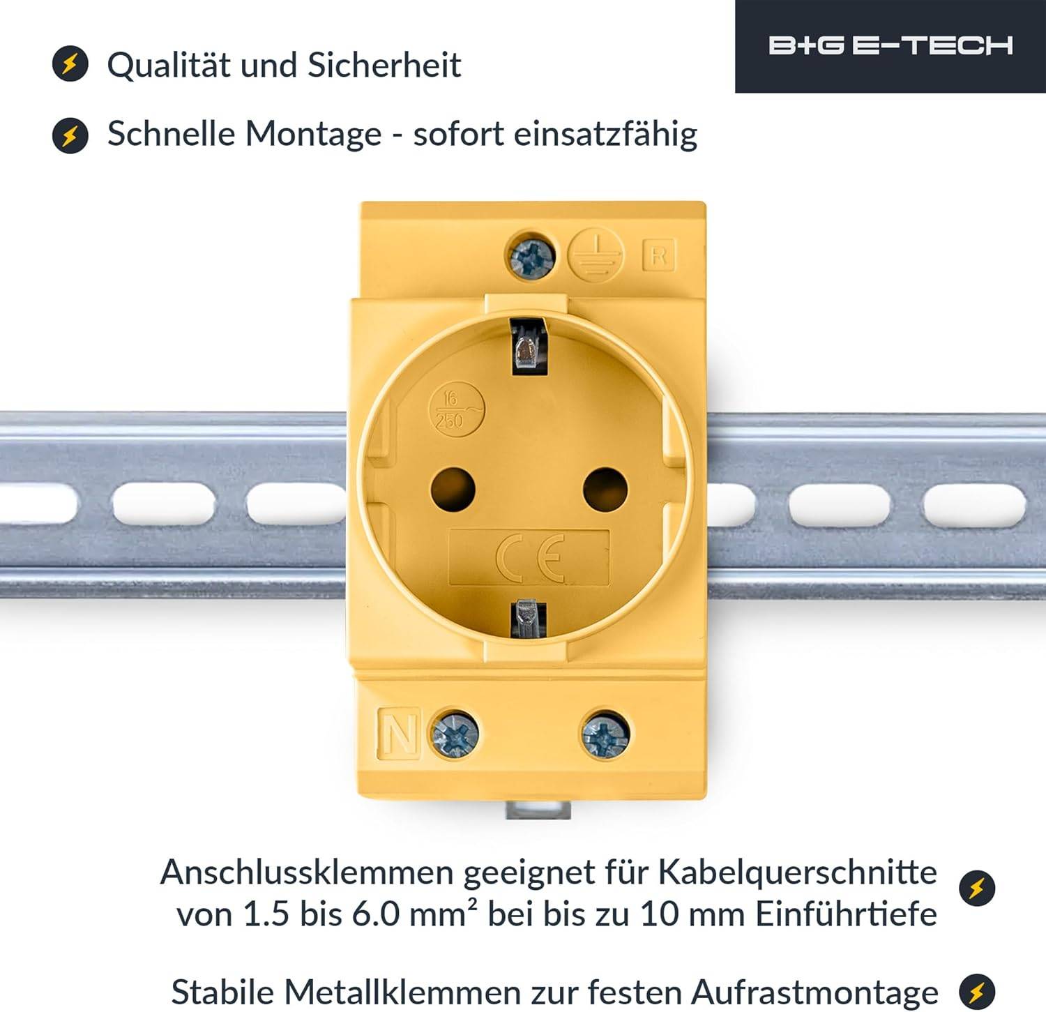 Eine gelbe elektrische Wandsteckdose mit beschrifteten Anschllussklemmen, die eine schnelle Installation ermöglicht und für Kabel von 1,5 bis 6 mm² geeignet ist.