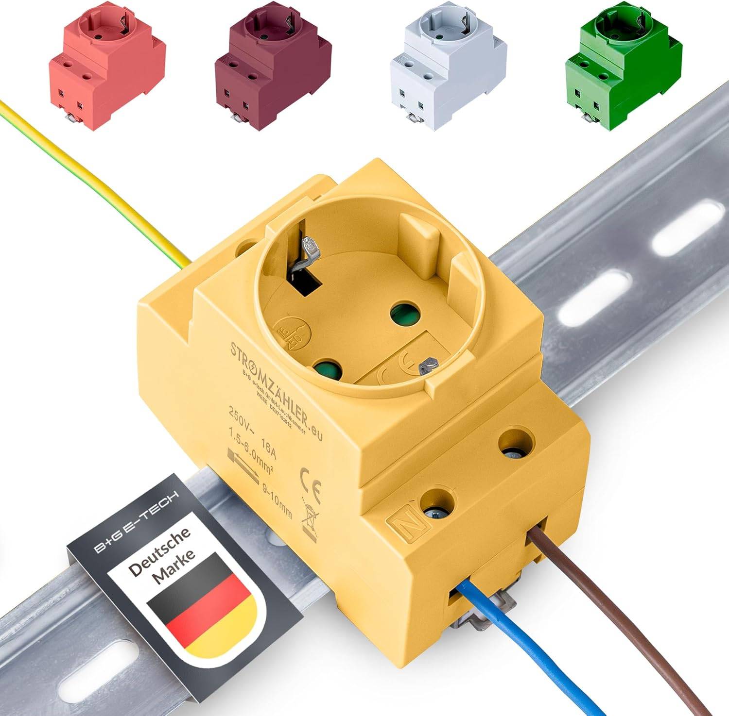 Ein gelber Stromsteckeradapter mit Verkabelung, montiert auf einer DIN-Schiene. Symbole in Rot, Rosa, Blau und Grün zeigen Farboptionen an. Etikett mit deutscher Flagge.