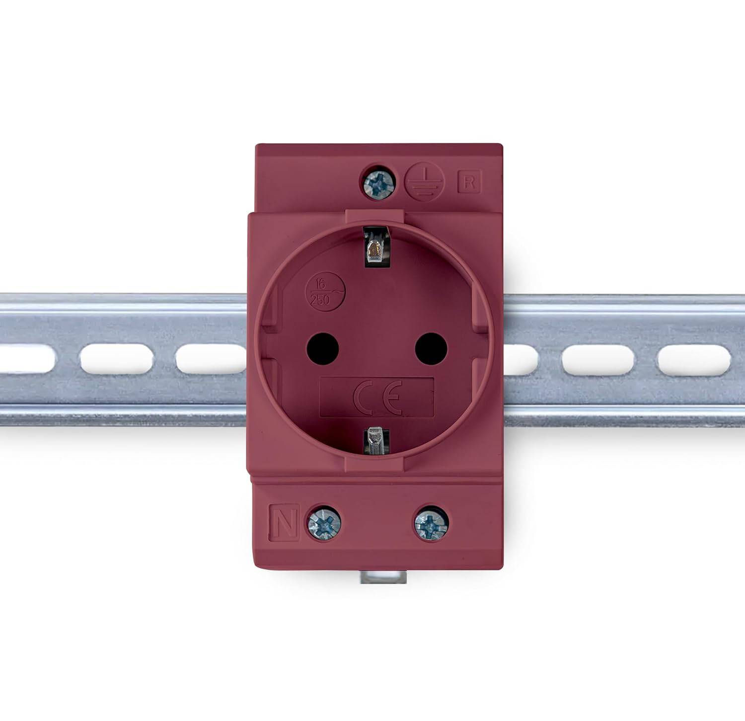 Eine rote Steckdose ist auf einer metallischen Schiene montiert und verfügt über zwei Schraubklemmen mit Symbolen für Phase- und Neutralleiter.