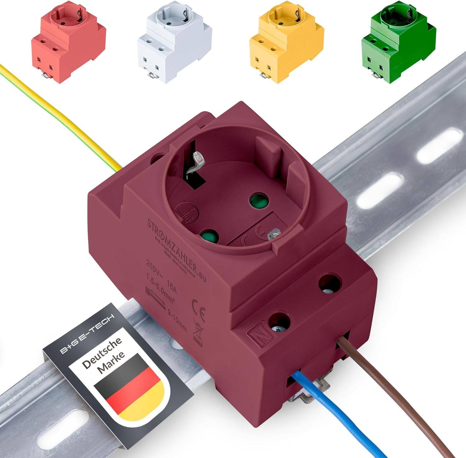 Stromversorgungssteckmodul auf einer Schiene montiert mit farbigen Moduloptionen oben. Ein 