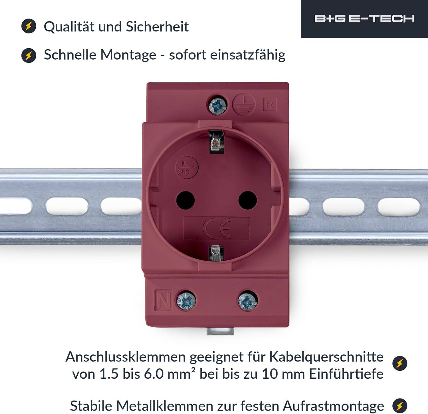 Eine rote Steckdose mit Schraubklemmen, geeignet für 1,5 bis 6 mm² Draht. Der Text hebt schnelle Montage und Sicherheitsmerkmale hervor.