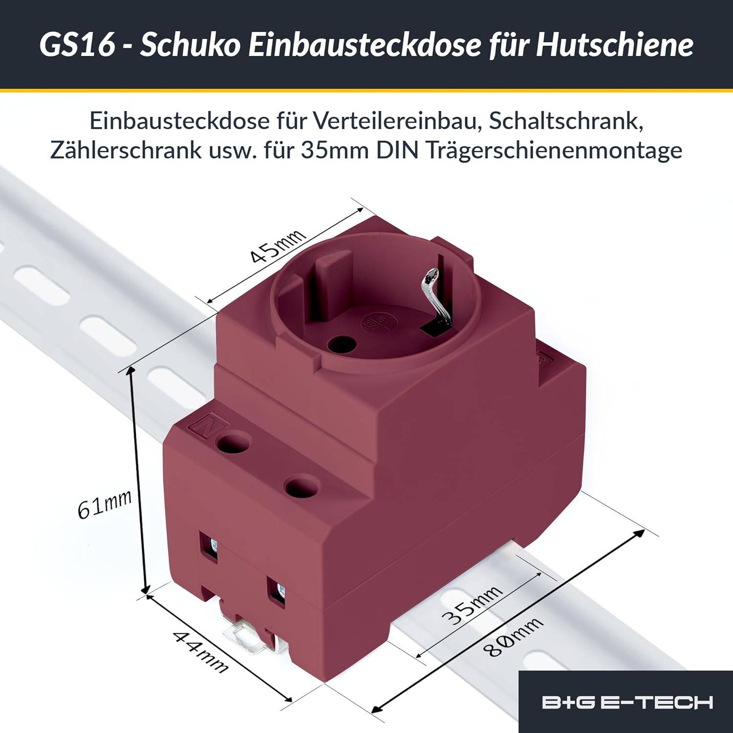 GS16 - Schuko Einbausteckdose für Hutschiene' zeigt eine rote Steckdose mit Abmessungen, die zur Installation auf Verteilerpaneelen verwendet wird.