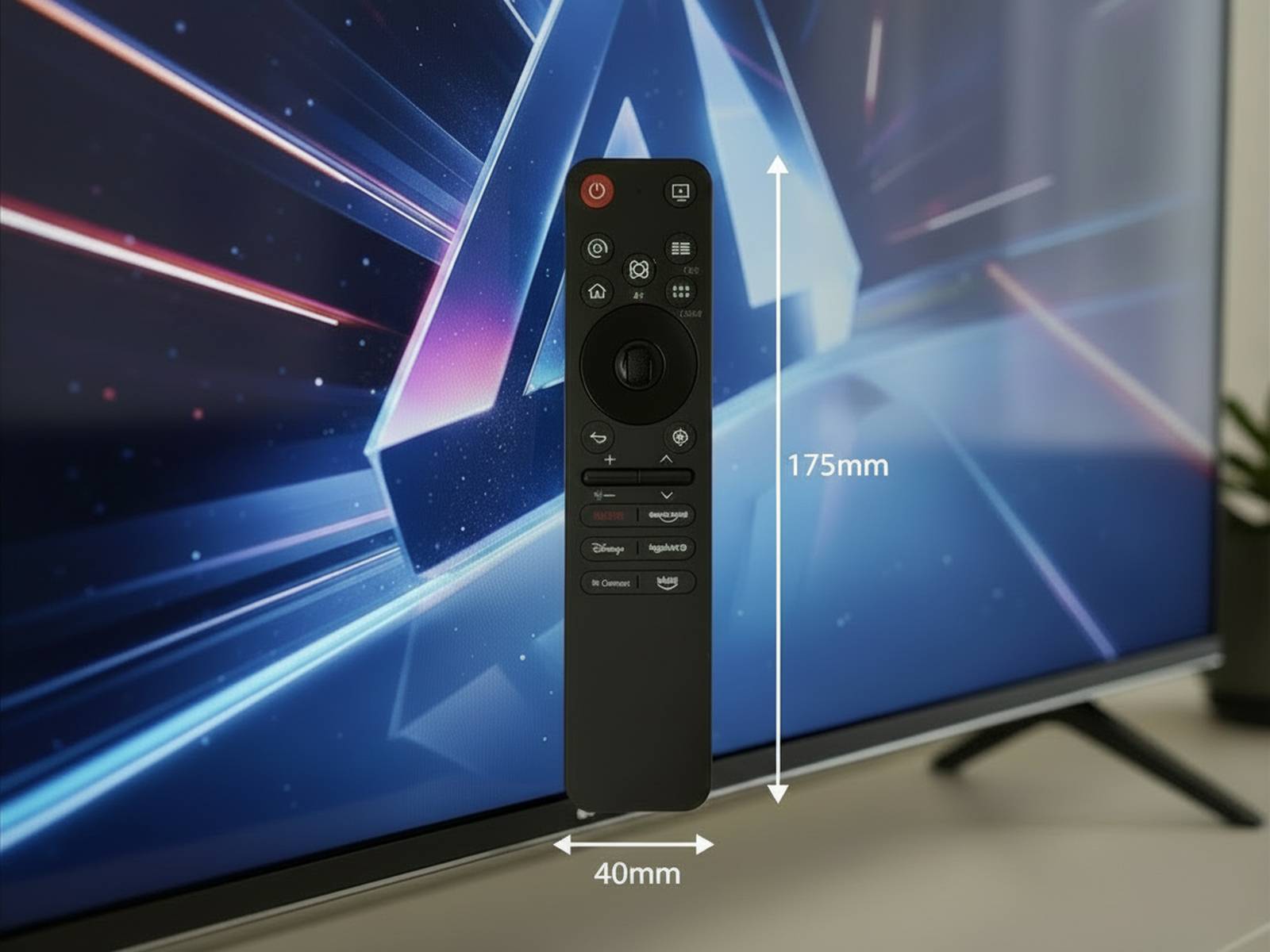 Eine 175 mm lange und 40 mm breite Fernbedienung wird vertikal vor einem Fernsehbildschirm mit grafischem Hintergrund platziert.