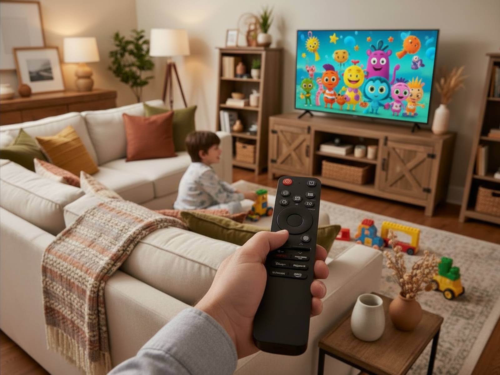 Ein Kind schaut sich einen farbenfrohen Zeichentrickfilm auf einem Fernseher im Wohnzimmer an und sitzt auf dem Boden, umgeben von Spielzeugen. Eine Hand hält eine Fernbedienung im Vordergrund.