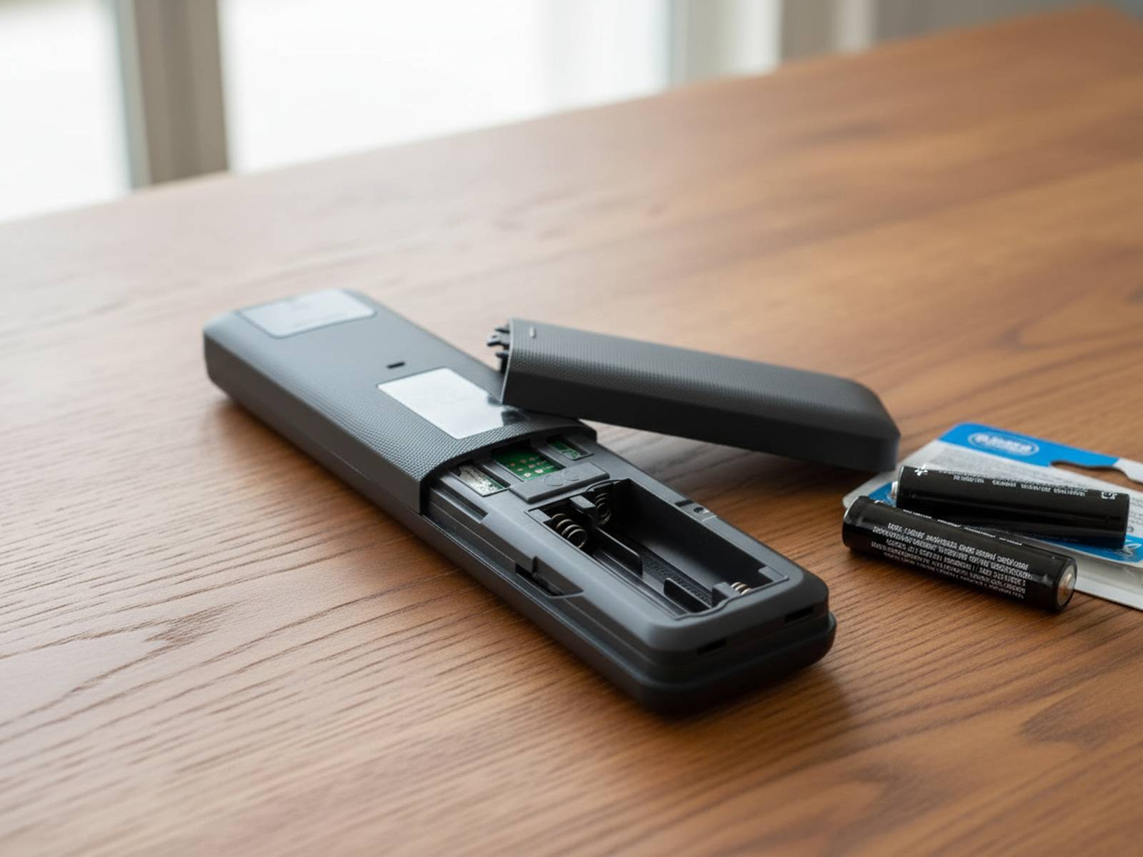 Offene TV-Fernbedienung mit Batterien, die ausgewechselt werden, auf einem Holztisch platziert, daneben ein kleines Paket mit neuen Batterien.