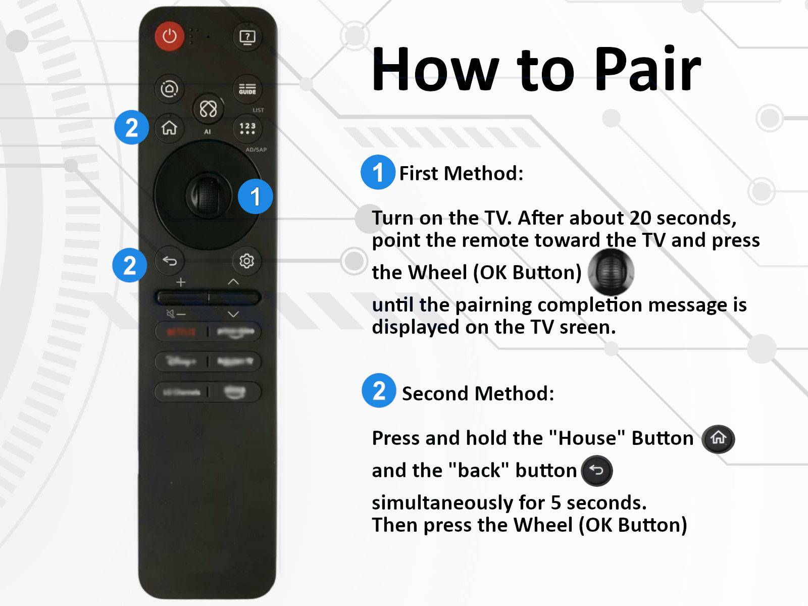 # Fernbedienung mit nummerierten Tasten für das Lernprogramm. Der Text beschreibt Methoden zum Koppeln der Fernbedienung mit einem Fernseher mithilfe spezifischer Tastenfolgen.