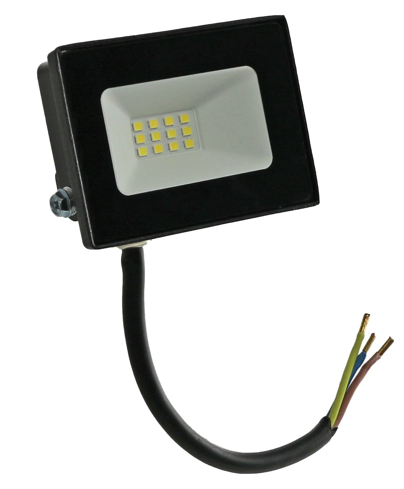 Ein schwarzes LED-Flutlicht mit sichtbaren LED-Birnen und einem dreipoligen Kabel zum Anschluss.