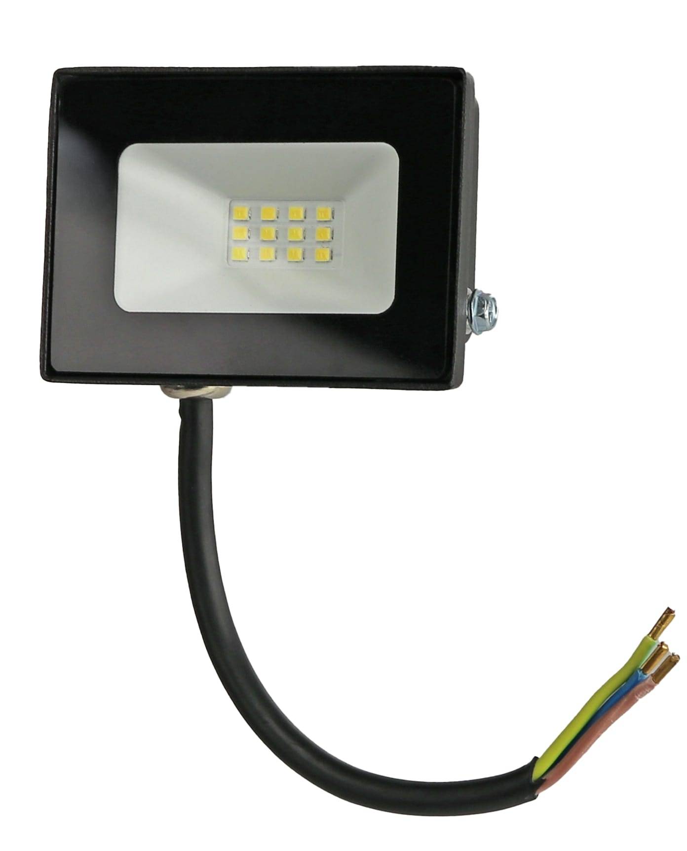 Ein rechteckiges LED-Flutlicht mit mehreren sichtbaren LEDs, auf einer Metallhalterung montiert und mit freiliegenden Kabeln verbunden.