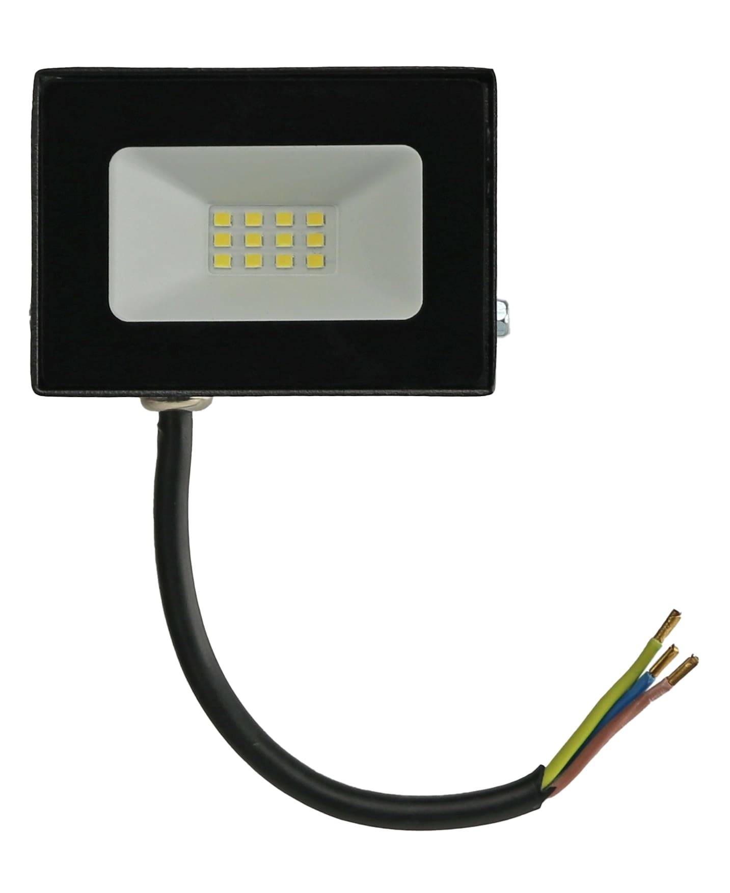 Eine rechteckige LED-Flutlichtleuchte mit schwarzem Gehäuse und sichtbarer Verkabelung, die aus der Unterseite herausragt und die Stromversorgungsbereitschaft anzeigt.