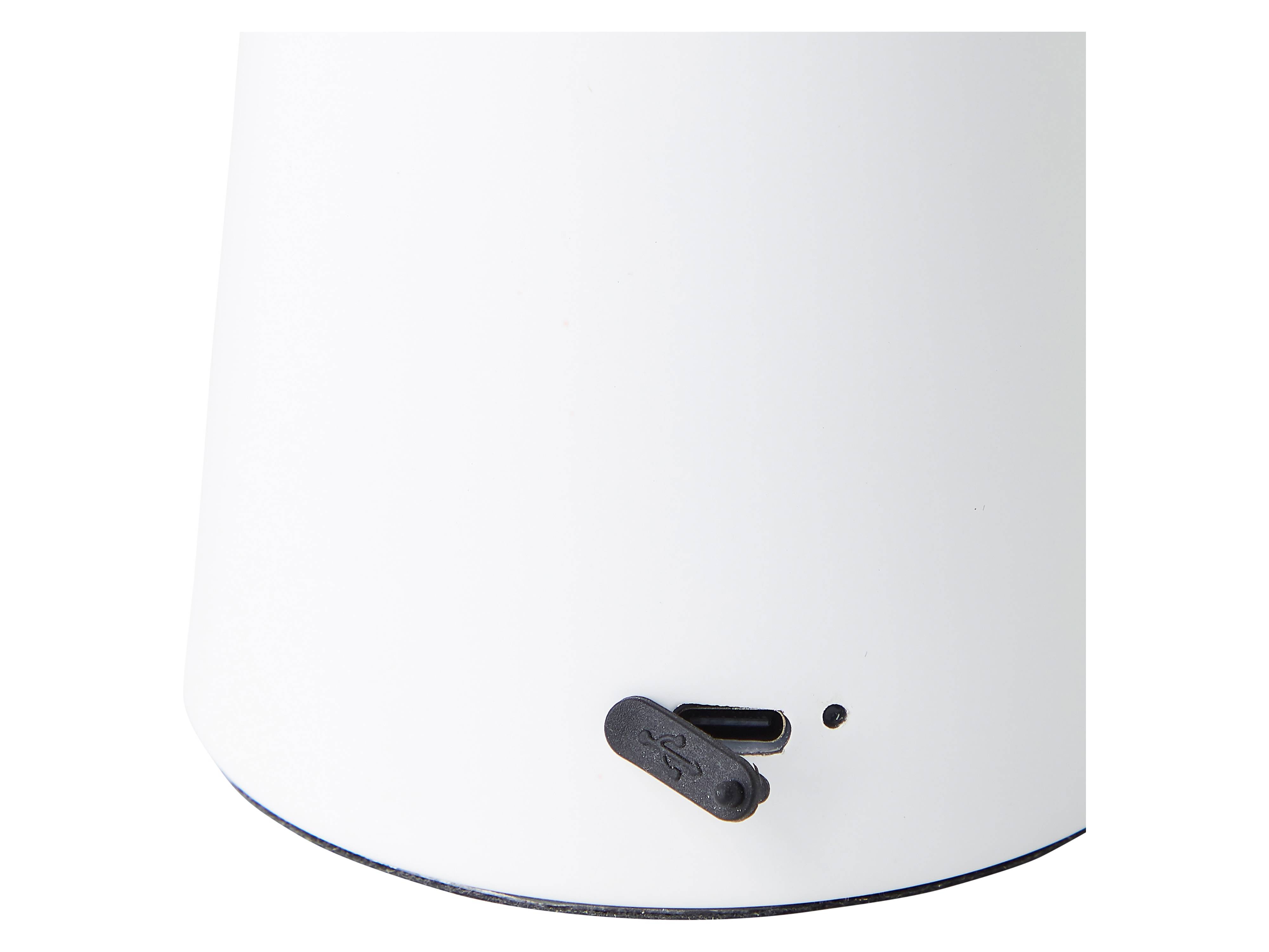 Nahaufnahme eines weißen Geräts mit einem USB-Anschluss und einer kleinen Statusleuchte.