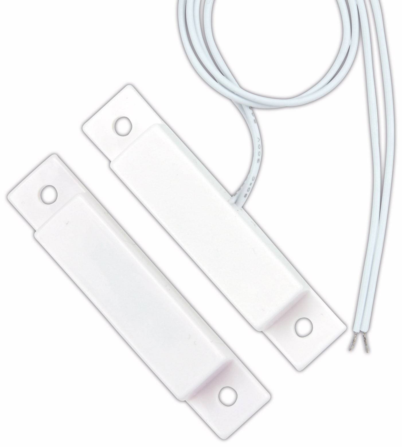 Ein weißer rechteckiger magnetischer Türsensor mit einem Kabel, entwickelt für Sicherheitssysteme, zeigt beide Teile des Kontaktmechanismus.