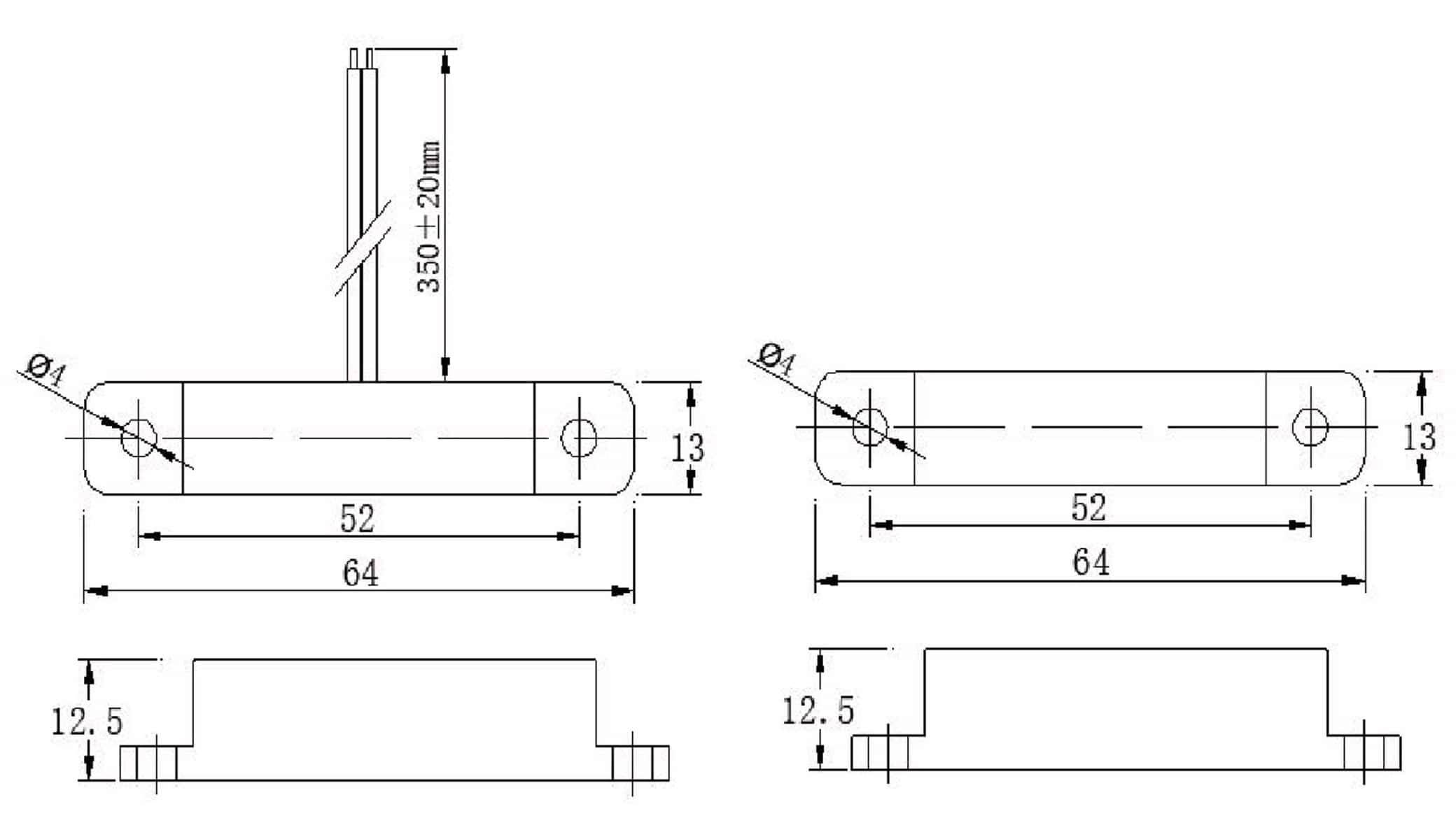 Technische Zeichnung eines mechanischen Bauteils mit Abmessungen: 64, 52, 13, 12,5 und 350 ± 20 mm. Zeigt Bohrungen und Strukturdetails.