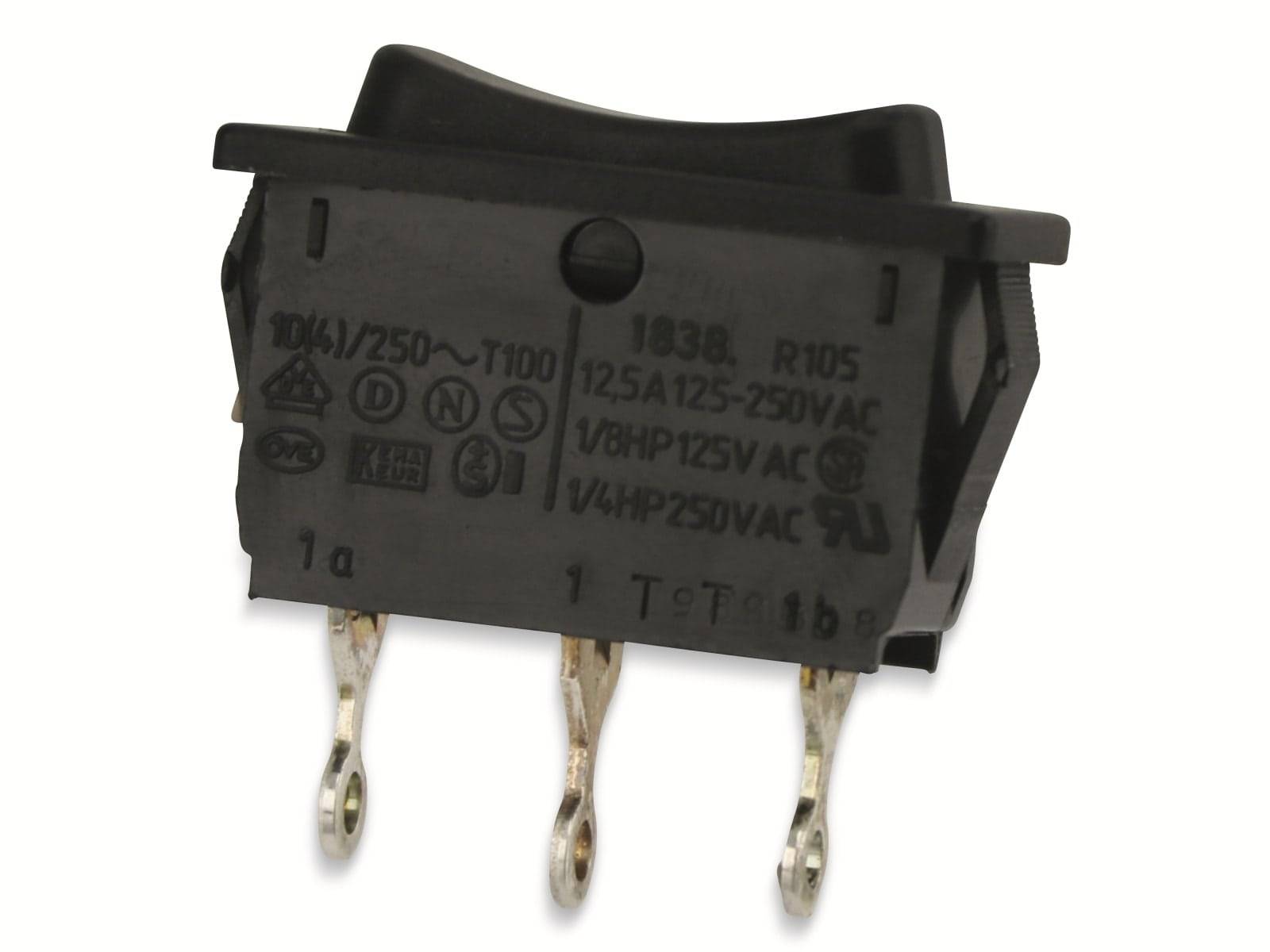 Ein schwarzer Wippschalter mit drei Metallstiften. Er ist mit den Spezifikationen gekennzeichnet: „10(4)/250~T100