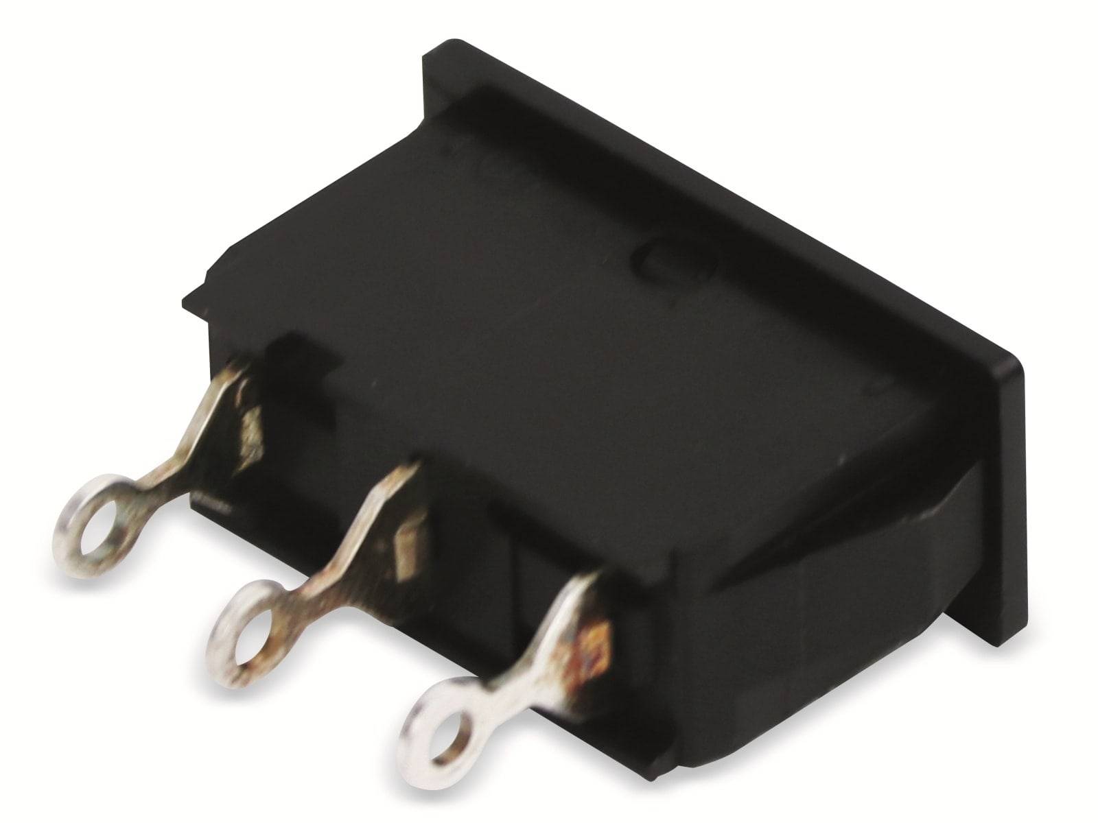 Ein schwarzer elektrischer Schalter mit drei Metallstiften für Schaltkreisverbindungen, von der Seite betrachtet.