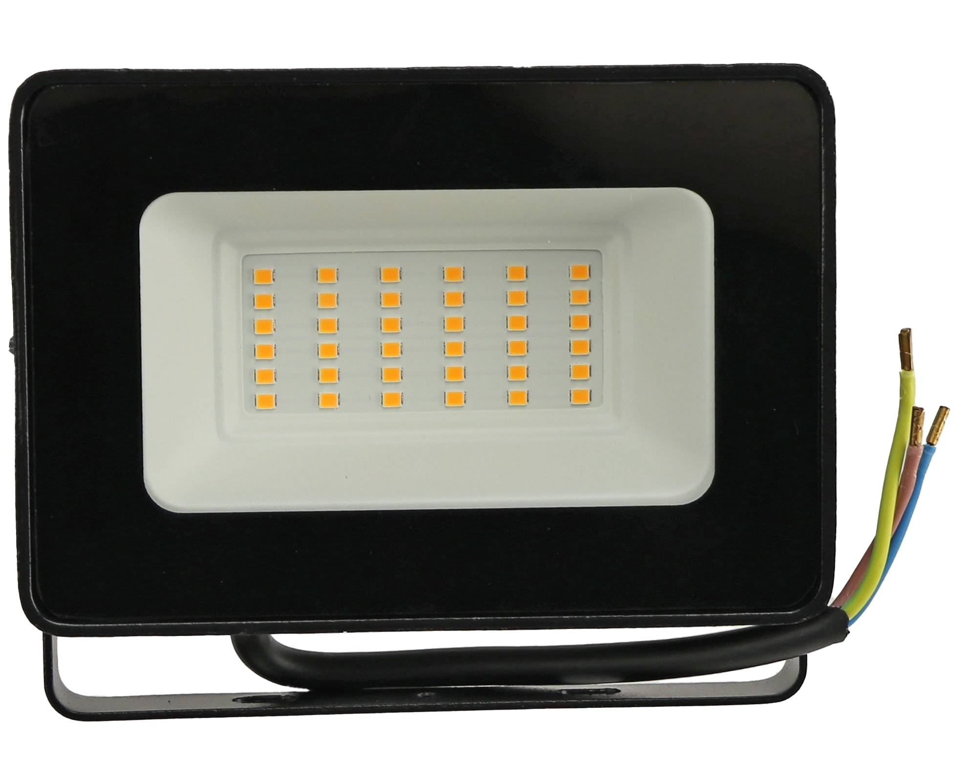 Rechteckige LED-Leuchte mit mehreren kleinen, orangefarbenen LEDs in Reihen angeordnet, in einem schwarzen rechteckigen Rahmen eingefasst, von vorne betrachtet.