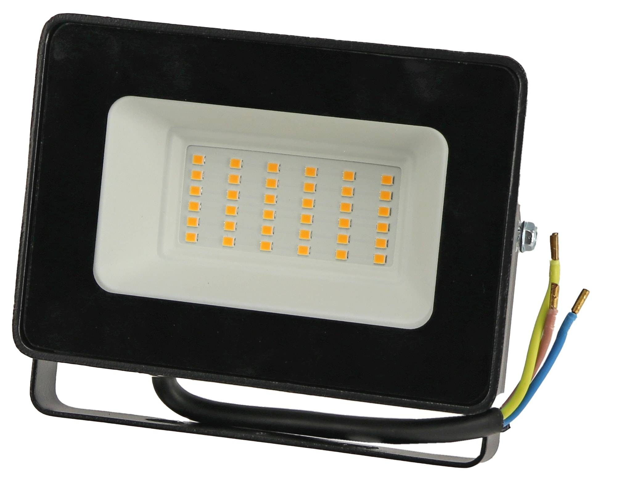 Ein rechteckiges LED-Flutlicht mit mehreren kleinen gelben Dioden, untergebracht in einem schwarzen Gehäuse mit angebrachten Drähten für die elektrische Verbindung.