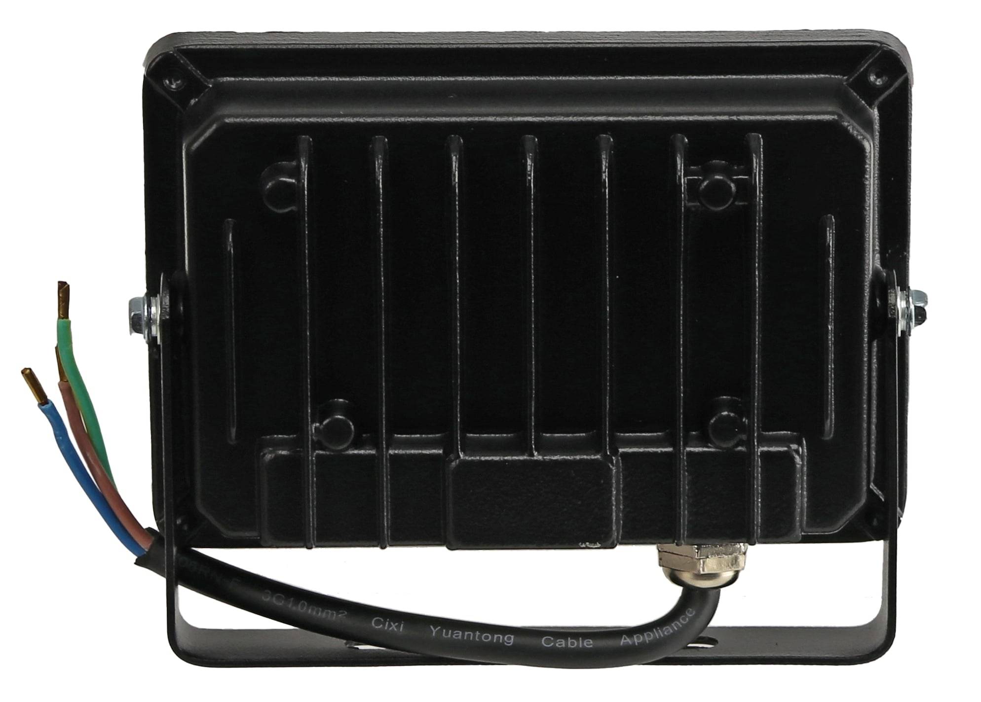 Ein rechteckiges schwarzes LED-Flutlicht von hinten gesehen, mit einem gerippten Kühlkörper und einem Kabel, das von unten austritt.