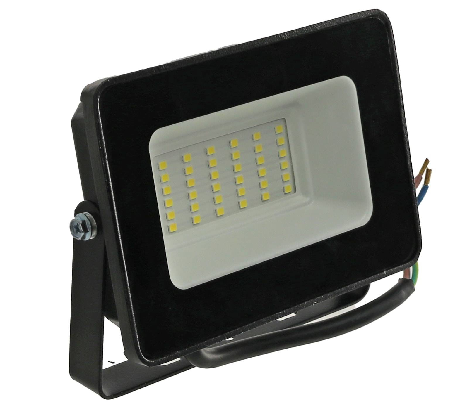 Ein schwarzes rechteckiges LED-Flutlicht mit mehreren kleinen LED-Birnen, die in einem Gitter in einem Metallgehäuse angeordnet sind, montiert auf einer verstellbaren Halterung.