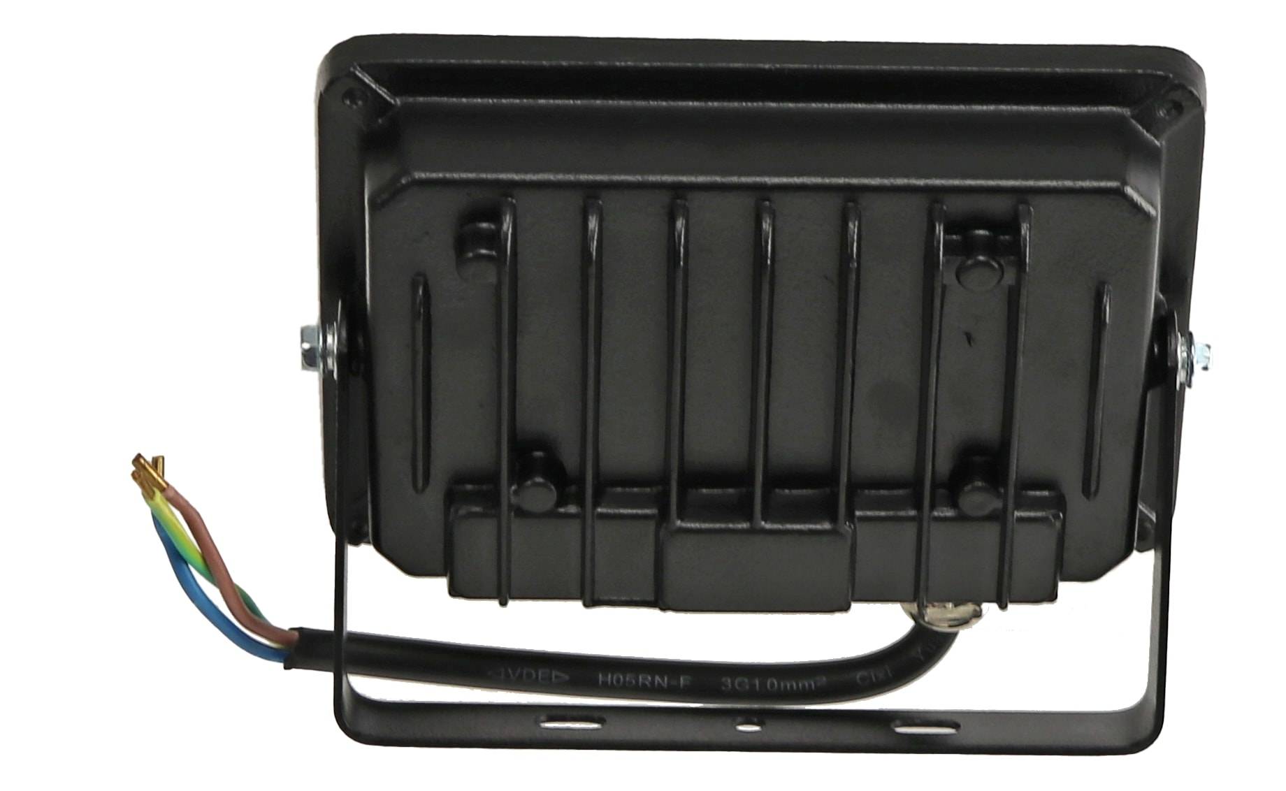 Eine schwarze rechteckige Industrieleuchte mit einfachem Design, auf einer Halterung montiert, mit sichtbaren elektrischen Drähten auf einer Seite.