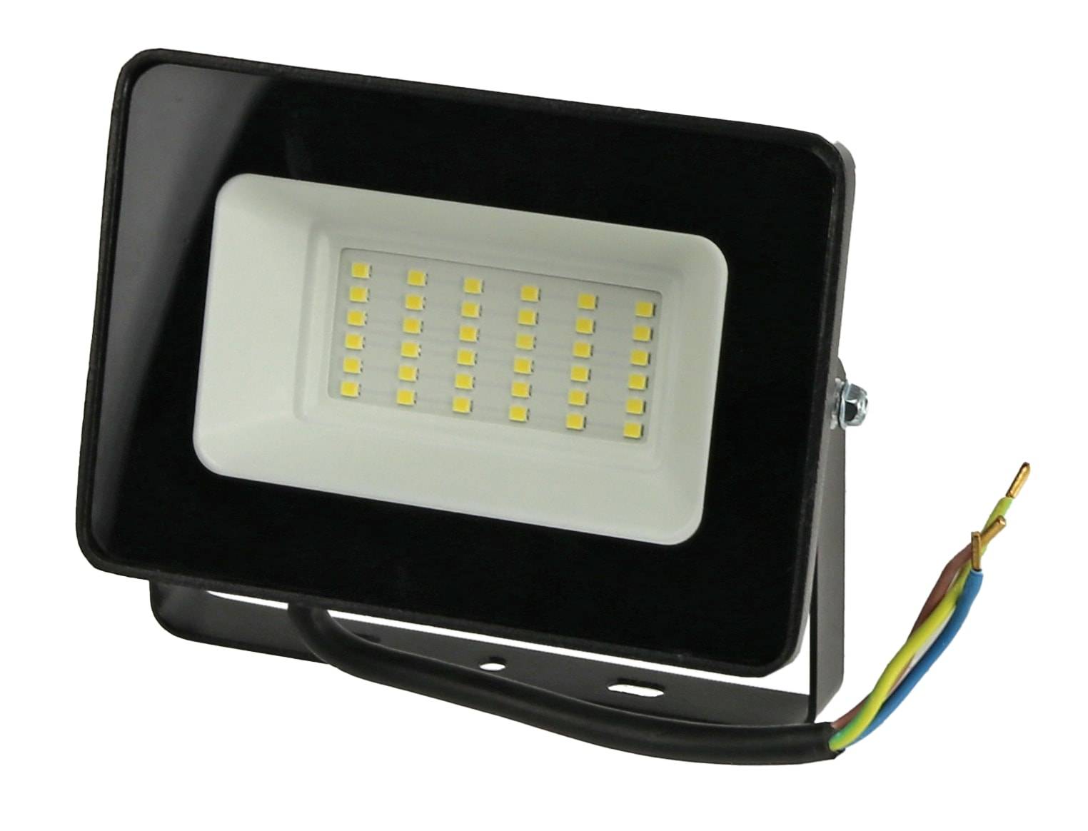 Ein schwarzer LED-Flutlichtstrahler mit rechteckiger Form verfügt über ein weißes inneres Bedienfeld, das mit mehreren gelben LED-Leuchten gefüllt ist.