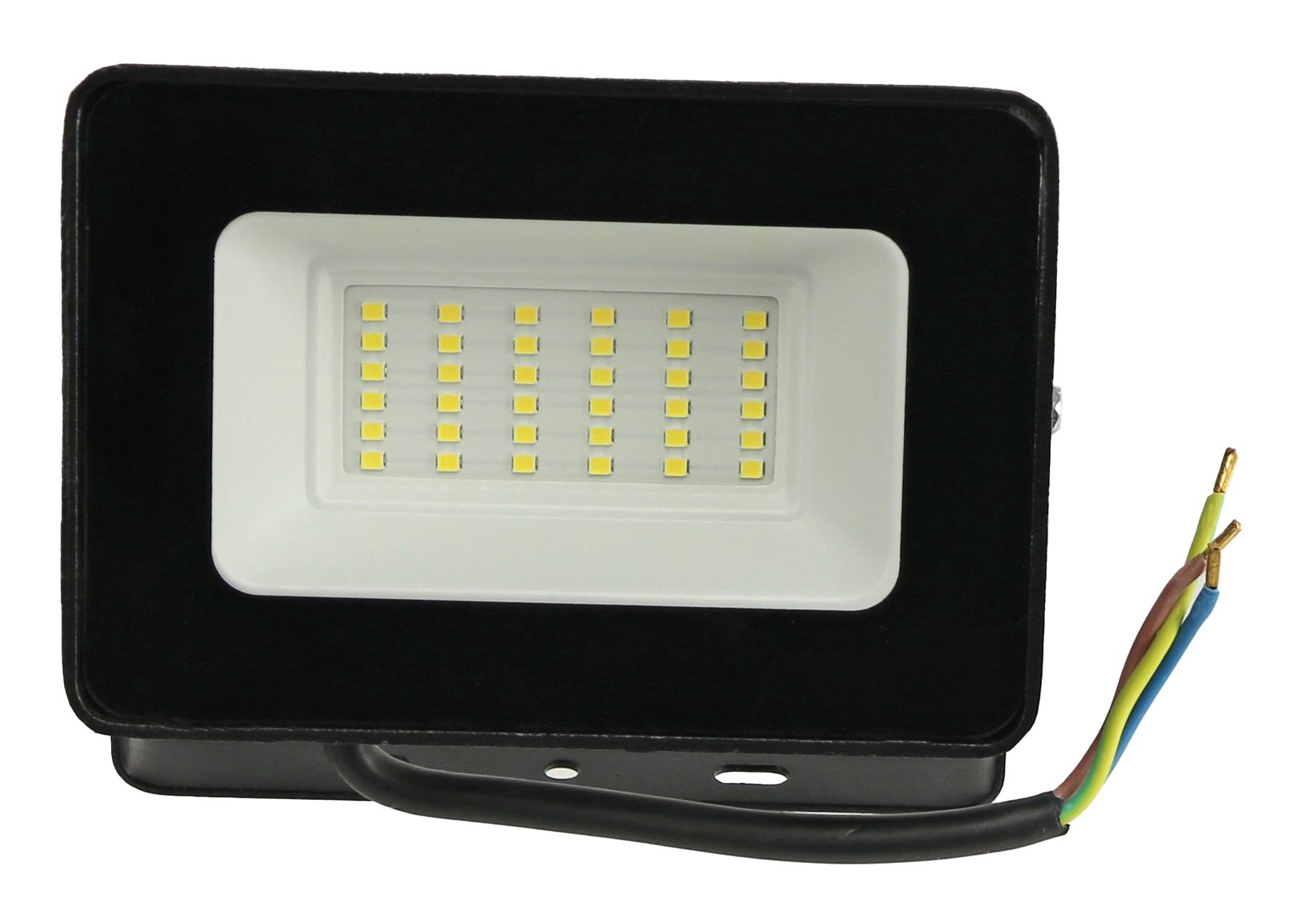 Eine kleine, rechteckige LED-Leuchte mit mehreren gelben Dioden, umgeben von einem schwarz-weißen Gehäuse, mit angebrachter Verkabelung.