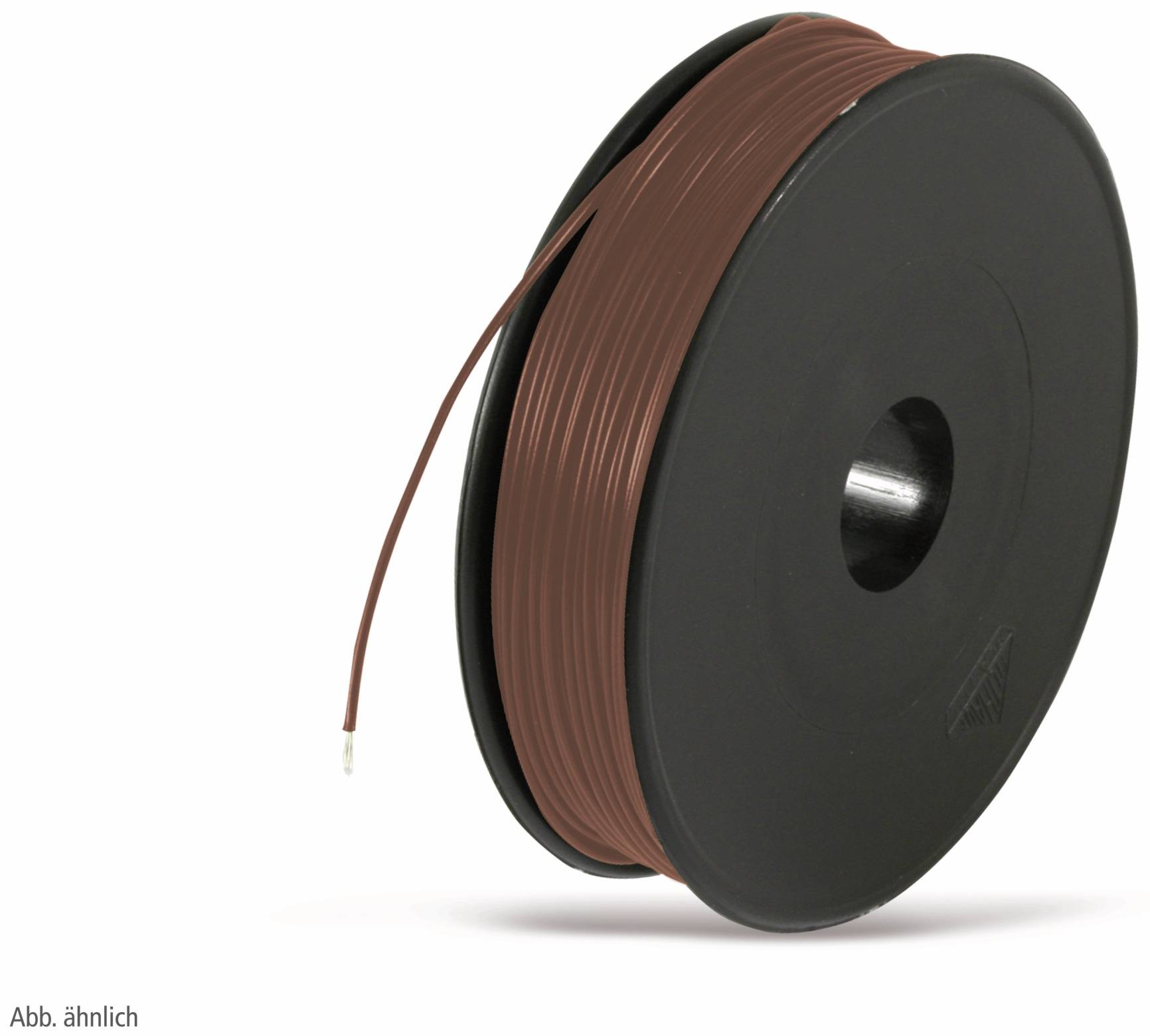 Eine Spule braunen Filaments zum 3D-Drucken, ordentlich um eine schwarze Spule aufgewickelt.