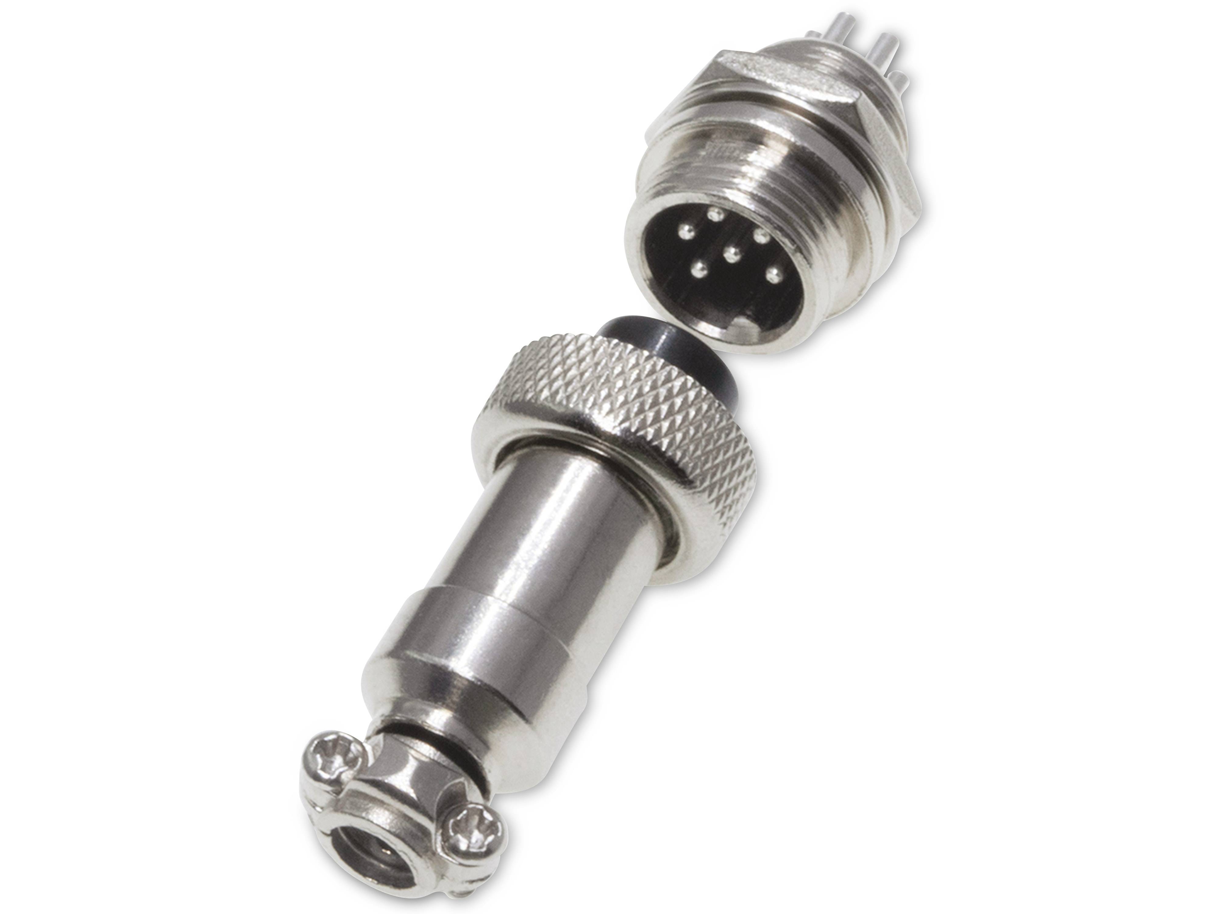 Ein metallischer kreisförmiger elektrischer Stecker mit Gewindeverbindung und mehreren Stiften, dargestellt in zwei separaten Teilen.