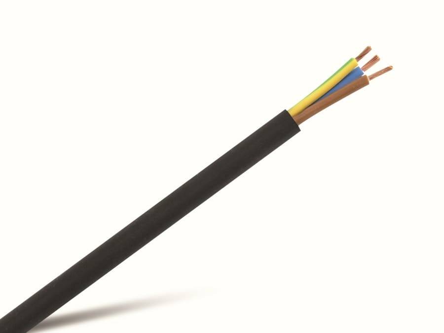 Ein durchschnittenes Stromkabel mit schwarzer Isolierung, das fünf farbcodierte Drähte freilegt: Blau, Braun, Grün und andere, die verschiedene Stromphasen darstellen.