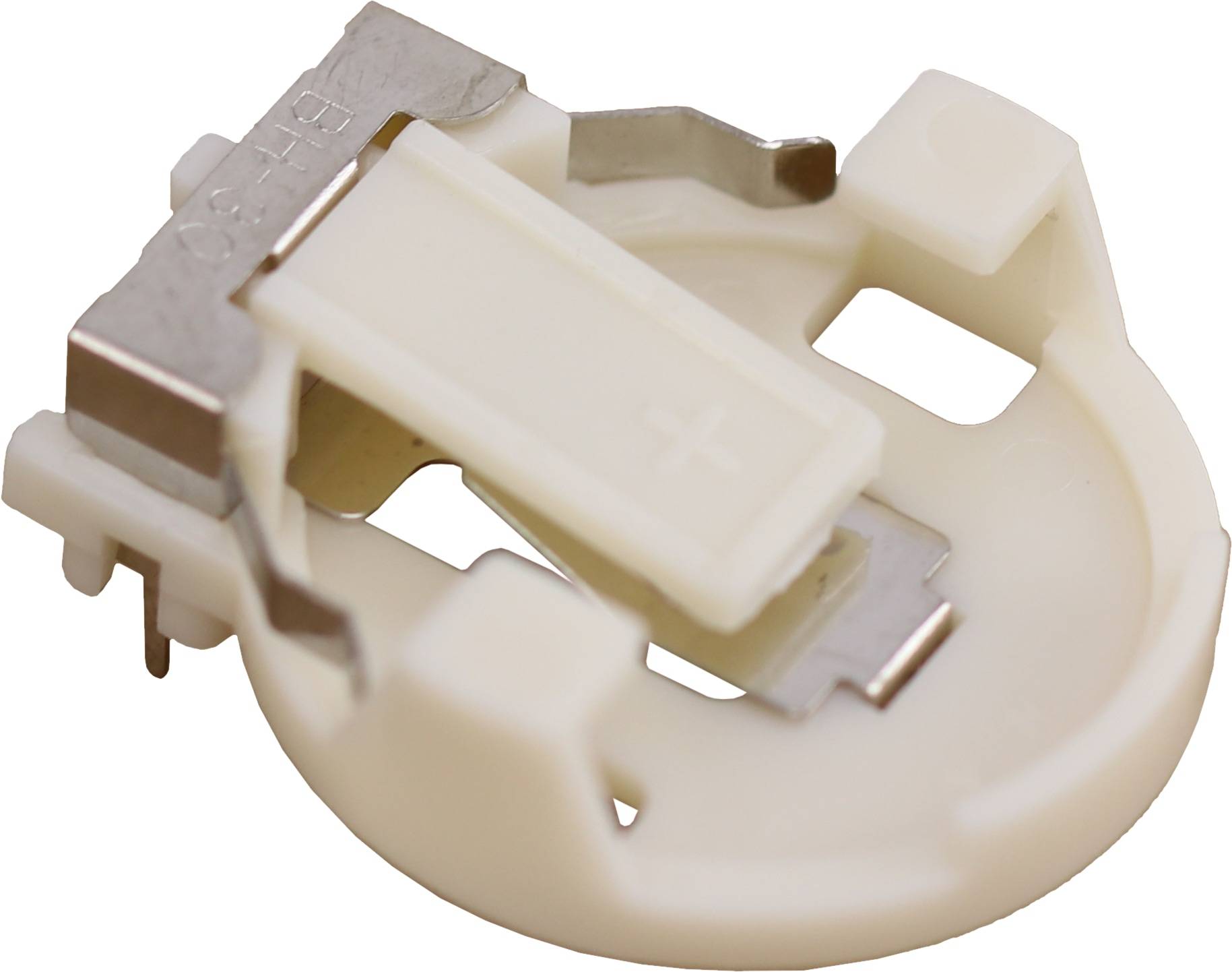 Eine Nahaufnahme eines kleinen, weißen Kunststoff- und Metallbatteriehalters mit einem 