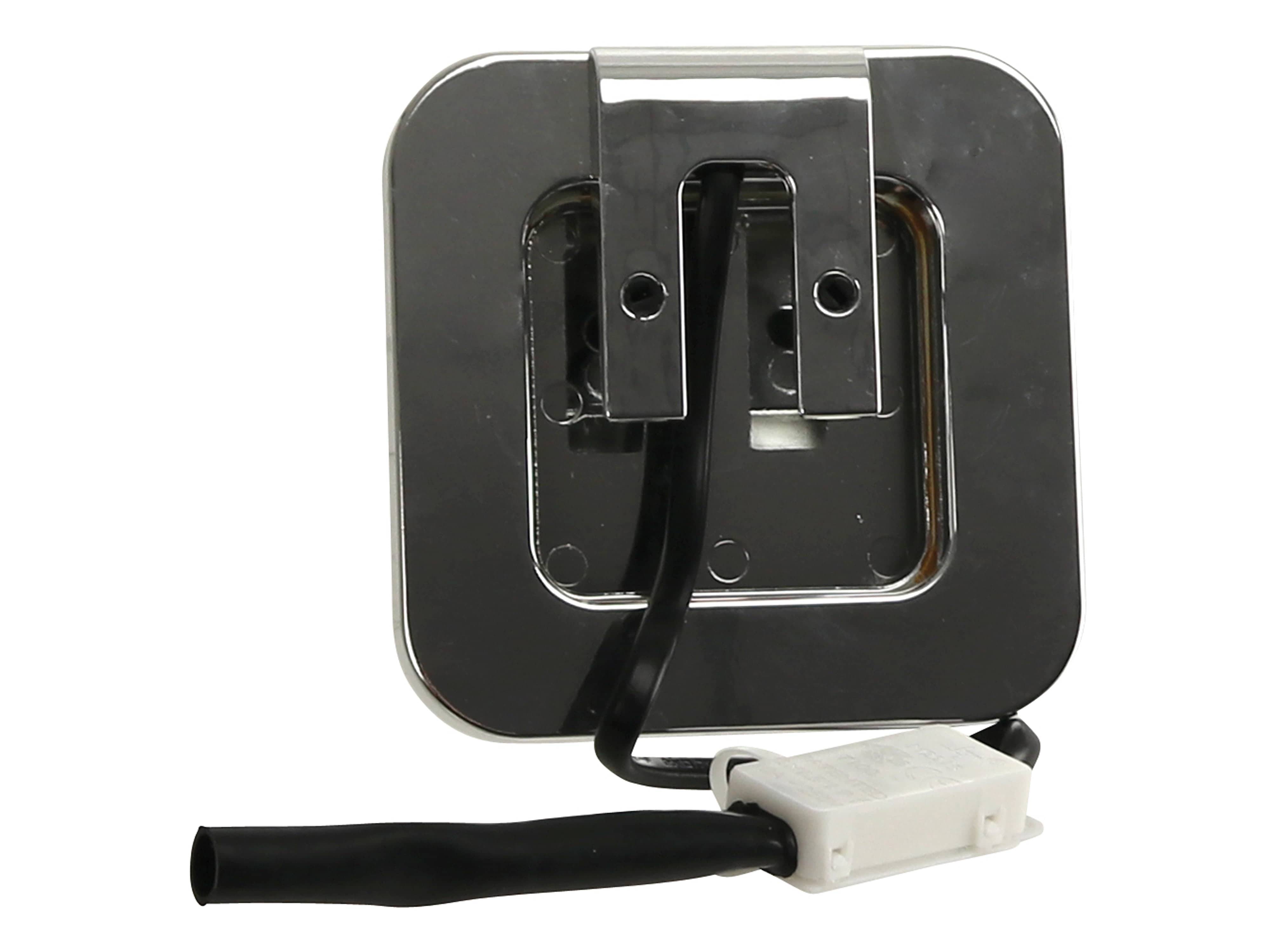 Ein quadratischer metallischer Verbinder mit einem schwarzen Kabel und weißem Stecker, der für elektrische Installationen verwendet wird.