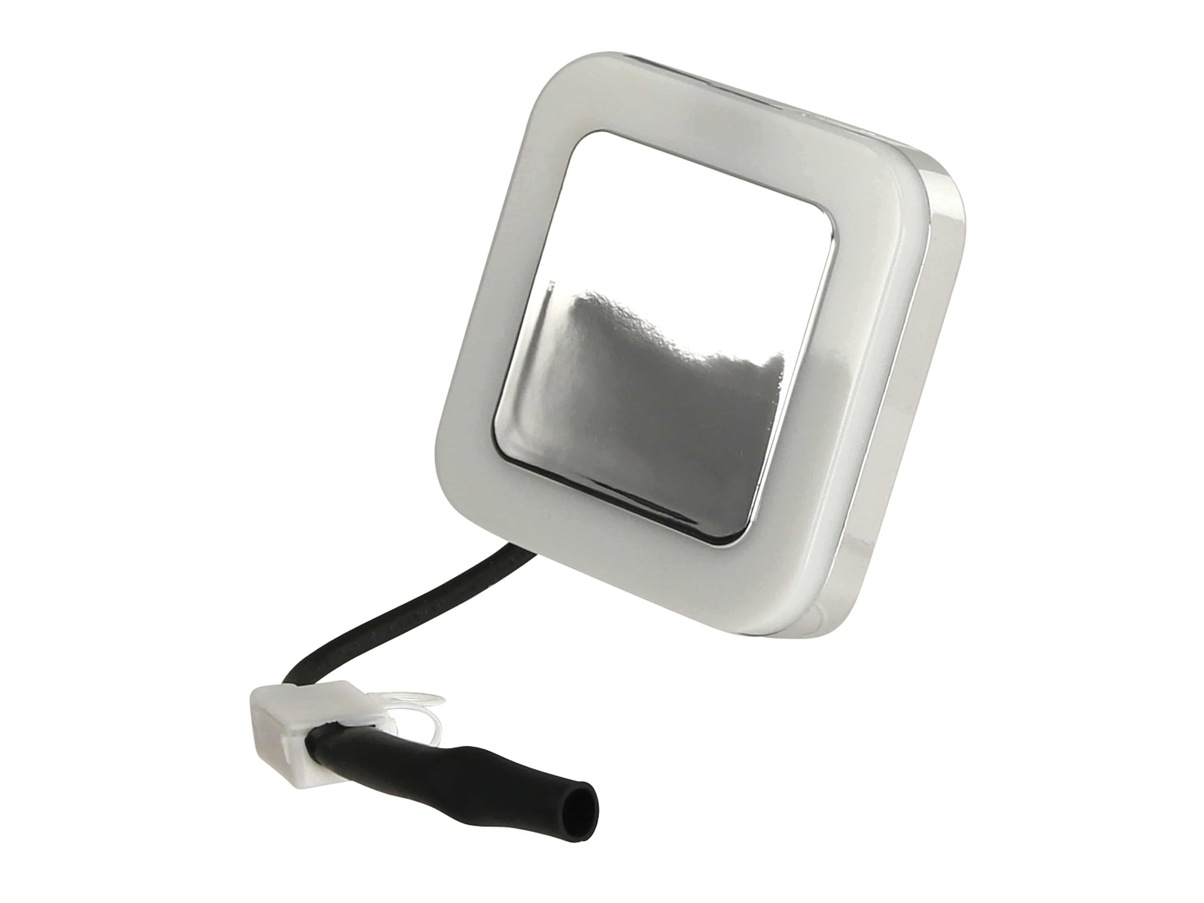 Ein kleiner, quadratischer Seitenspiegel aus Silber und Schwarz mit einem verstellbaren Arm und einer Halterung, typischerweise für Fahrzeuge oder Fahrräder verwendet.