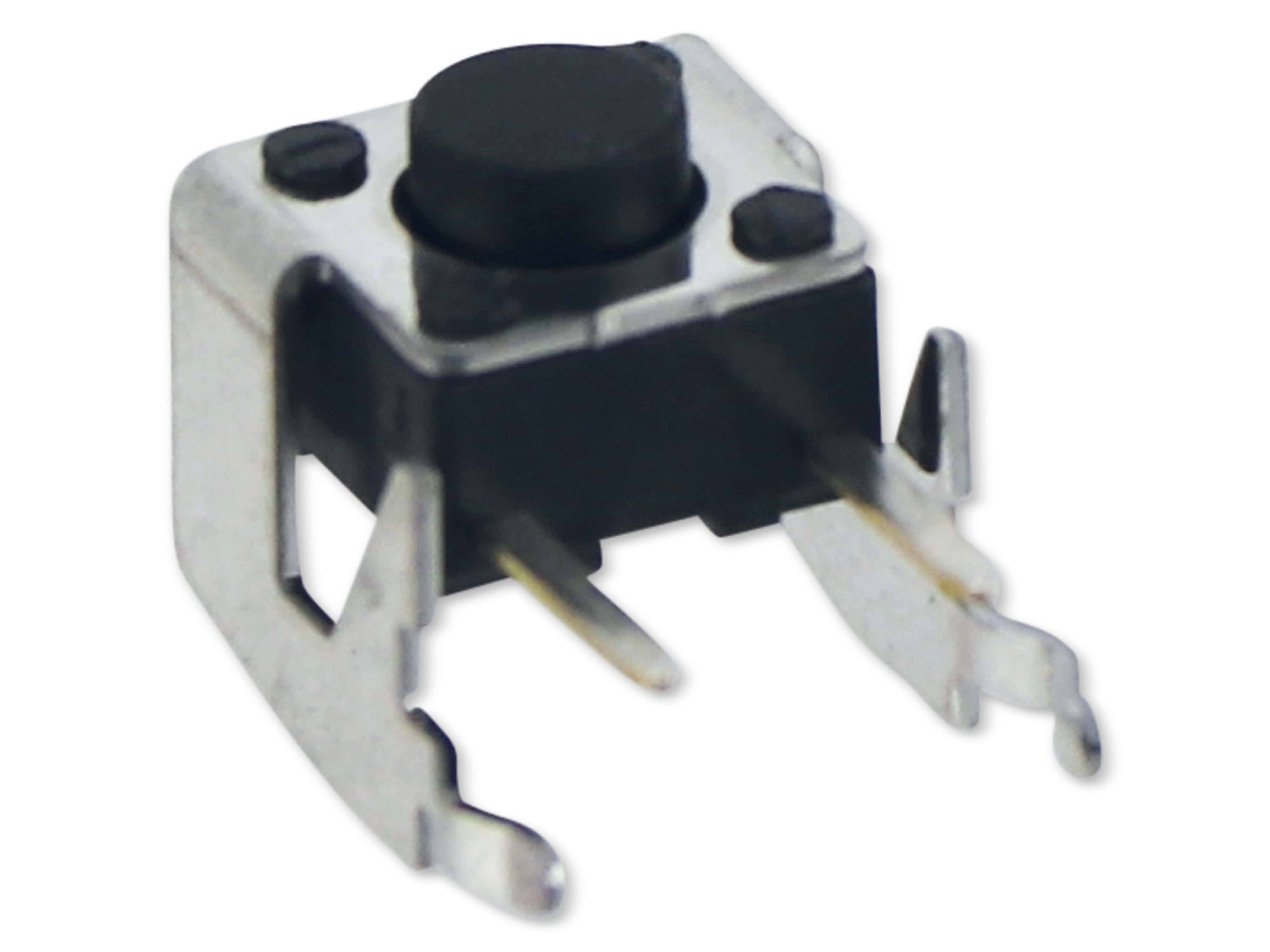 Ein kleiner, quadratischer Tast-Druckschalter mit zwei Metallbeinen und einem schwarzen Betätigungselement. Wird in elektronischen Schaltungen für die Eingabe verwendet.