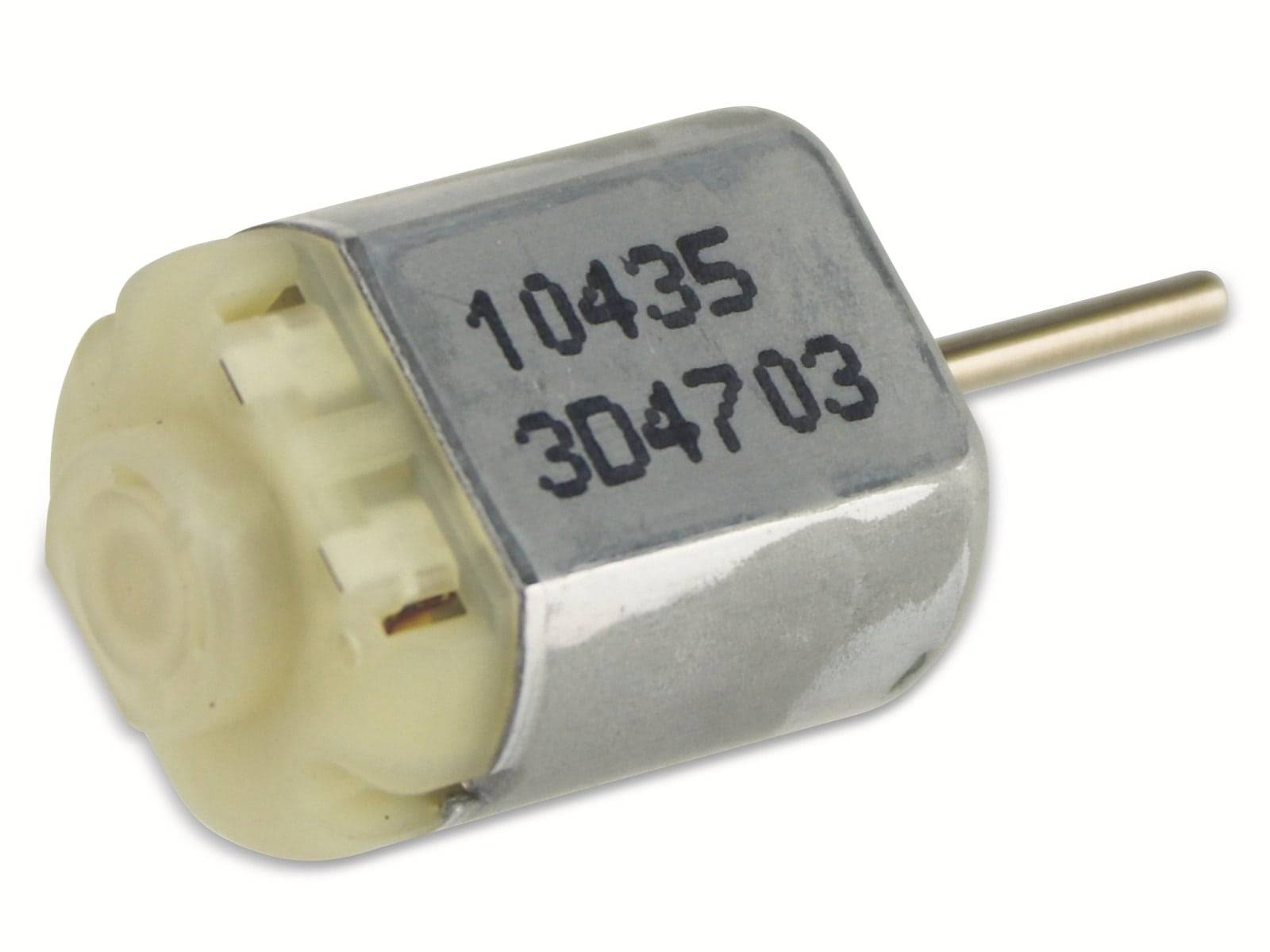 Kleiner zylindrischer Elektromotor mit Metallgehäuse, Kunststoffendkappe und Welle. Auf dem Gehäuse aufgedruckte Nummern: 10435, 3D4703.