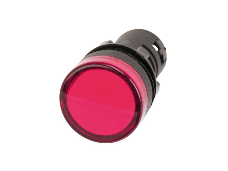 Ein roter runder Druckknopfschalter mit schwarzem Gehäuse, aus einem Winkel betrachtet.