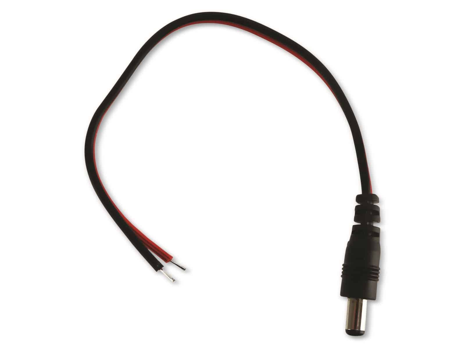 Gleichstrom-Steckverbinder mit schwarzem und rotem Kabel, geeignet für Elektronik. Die Kabelenden sind freiliegend für die Verbindung.