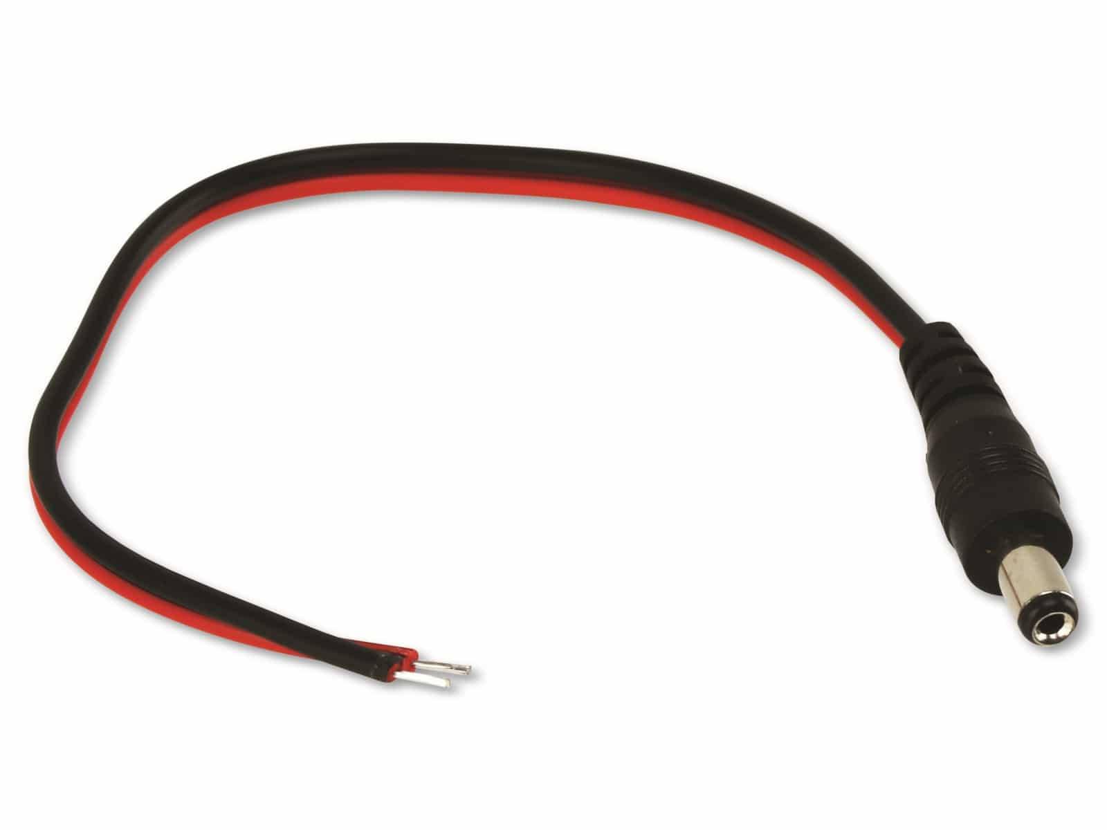 Ein schwarzes und rotes Elektrokabel mit freigelegten Metallendet, das zum Verbinden oder Leiten von Elektrizität in elektronischen Geräten verwendet wird.