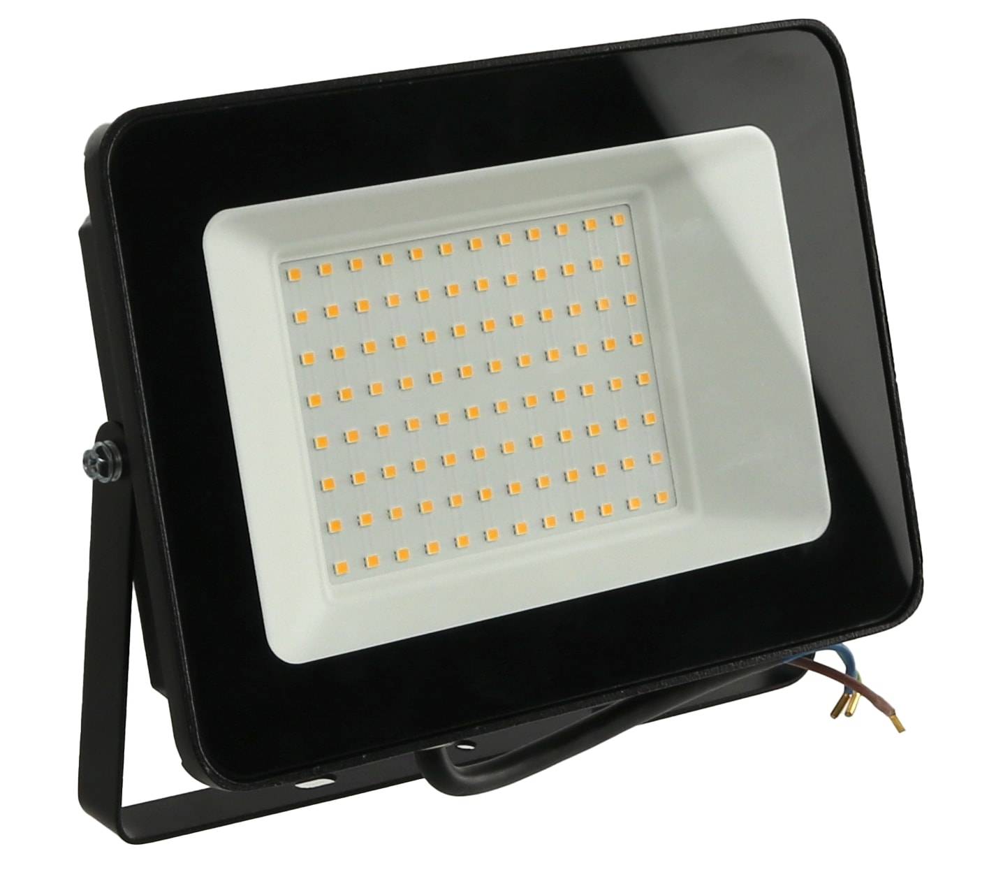 Ein rechteckiges LED-Flutlicht mit schwarzem Rahmen und mehreren kleinen gelben Lichtern.