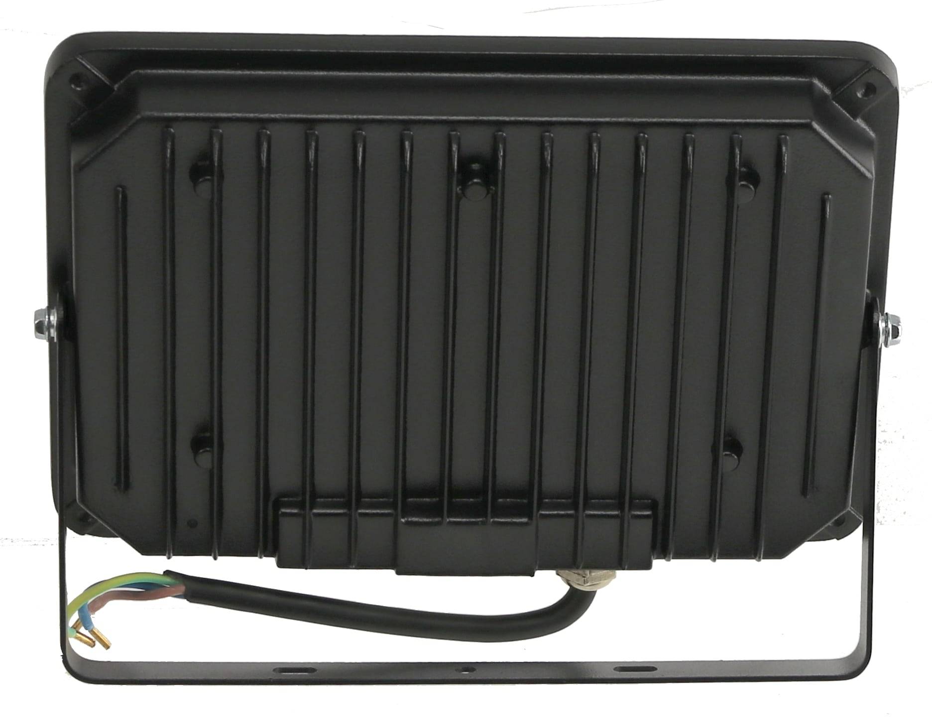 Rechteckiges schwarzes elektronisches Gerät, von hinten betrachtet, mit vertikalen Rillen und einem Kabel, das sich vom unteren Ende erstreckt.