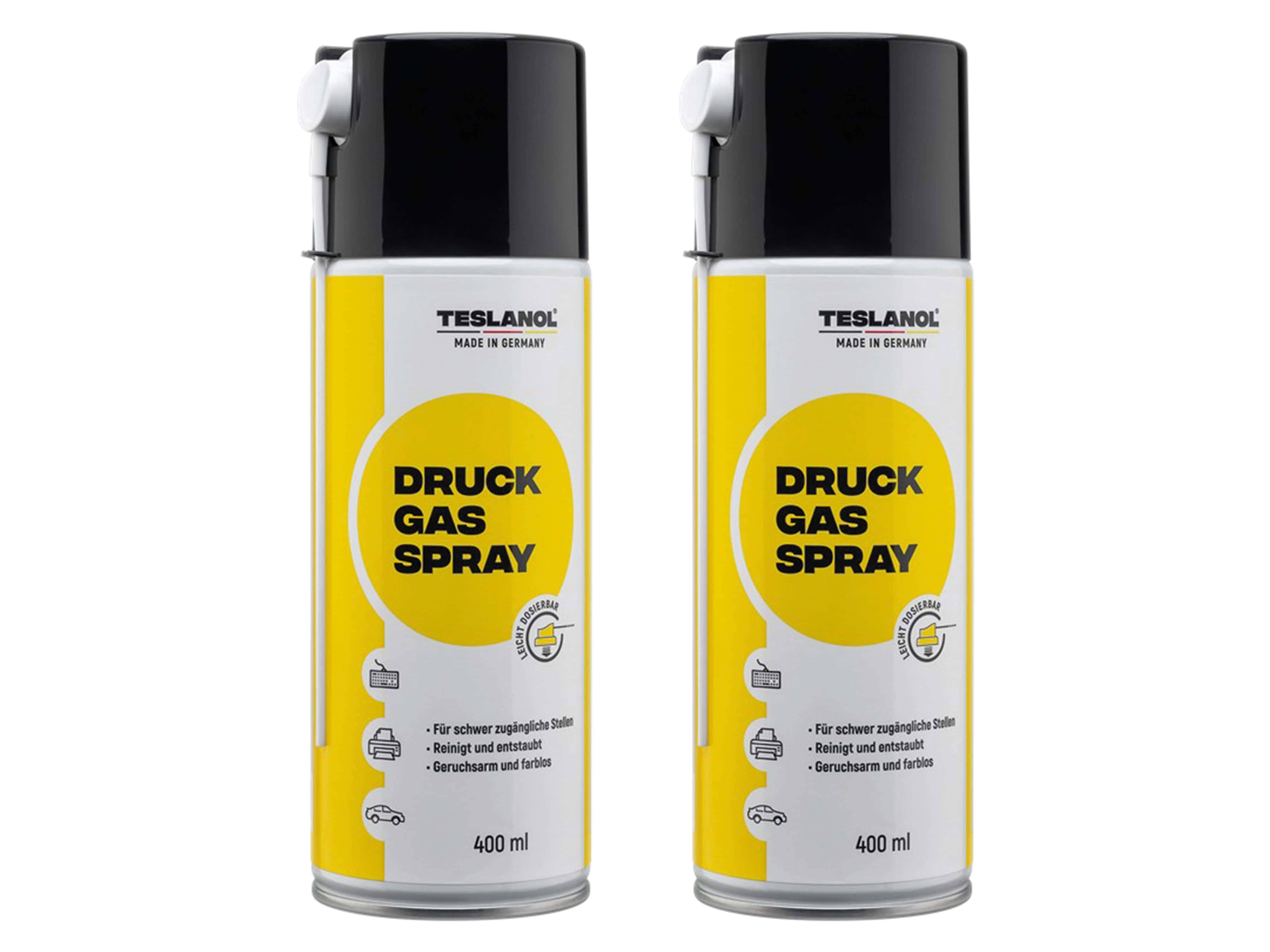Zwei Dosen Teslanol Druck Gas Spray, je 400 ml, mit gelben und weißen Etiketten, ausgelegt für Reinigungs- und Entstaubungsaufgaben.