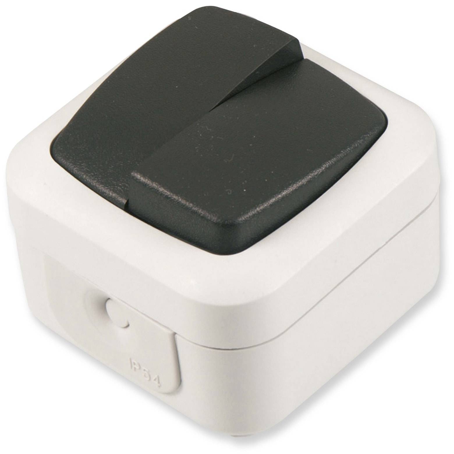 Ein schwarzer Kippschalter in einem weißen rechteckigen Gehäuse.