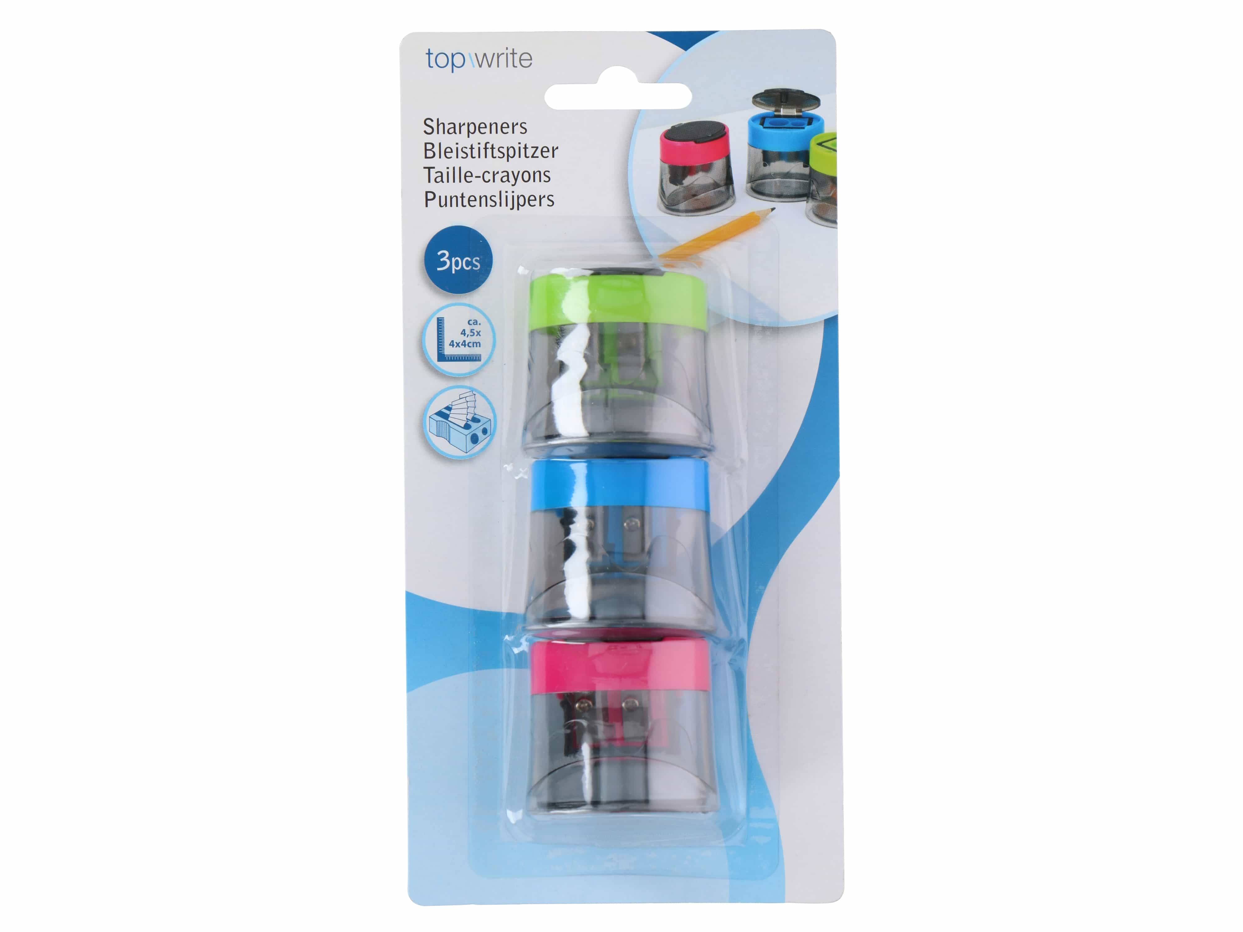 Dreierpack Spitzer in Grün, Blau und Rosa, untergebracht in transparenten Behältern mit einer Verpackungskarte mit Beschriftung in vier Sprachen.